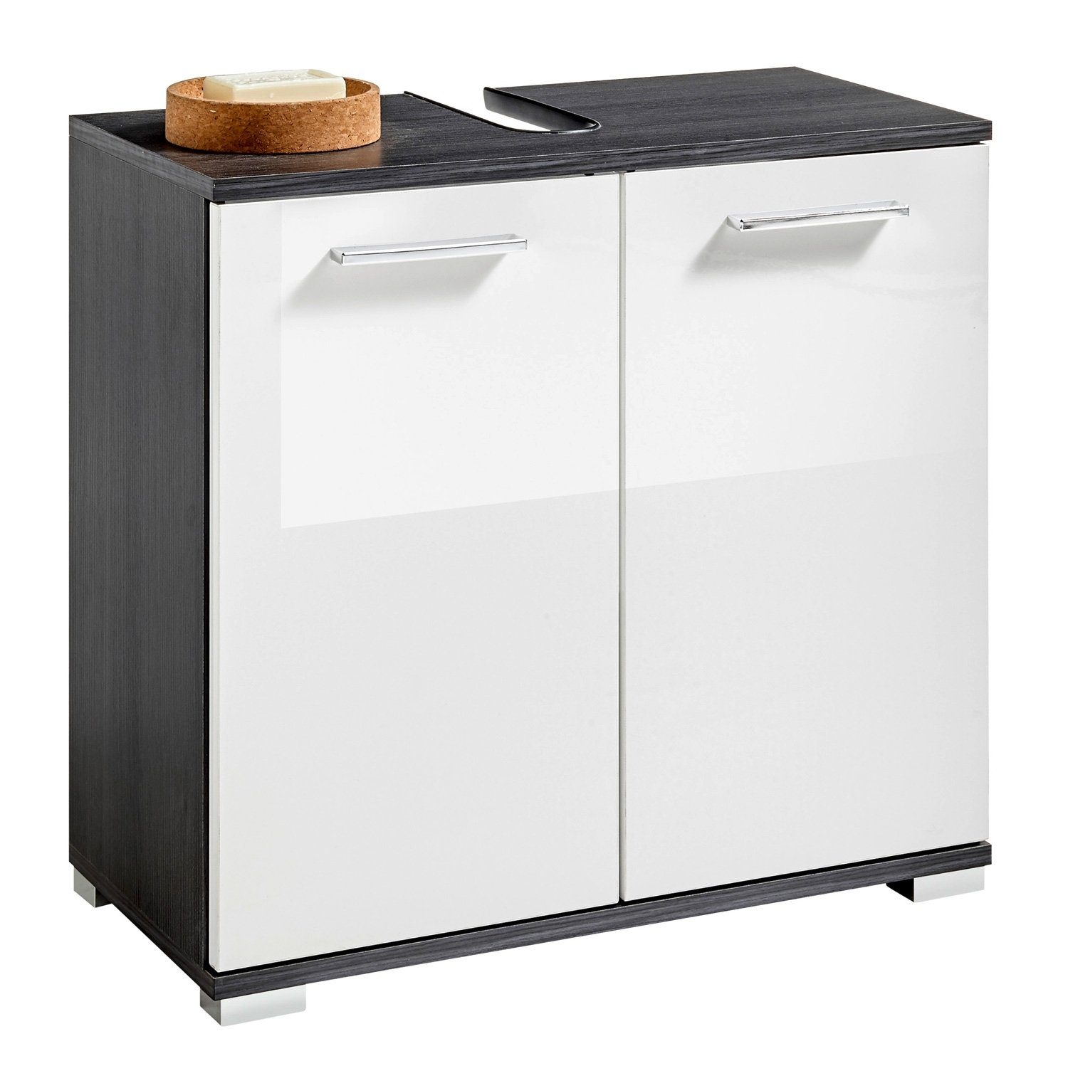 Waschbeckenunterschrank ORLANDO, Norwegische Pinie Dekor, Weiß Hochglanz, 2 Türen