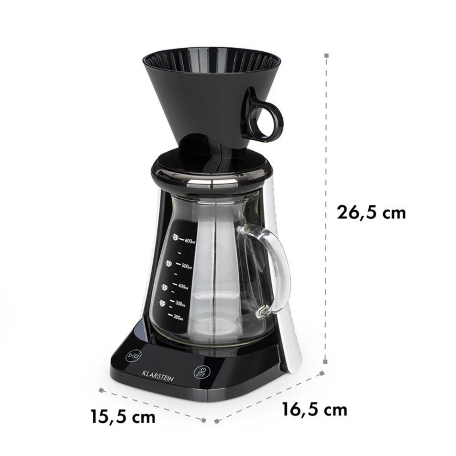 Klarstein Kaffeebereiter, 0.6l Kaffeekanne, coffee Waage Timer Glaskanne Filteraufsatz 600ml schwarz/weiß