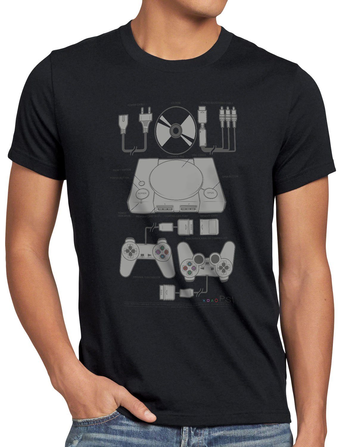 gamepad PS1 T-Shirt Retro schwarz PS style3 konsole Herren Print-Shirt classic Gamer psx