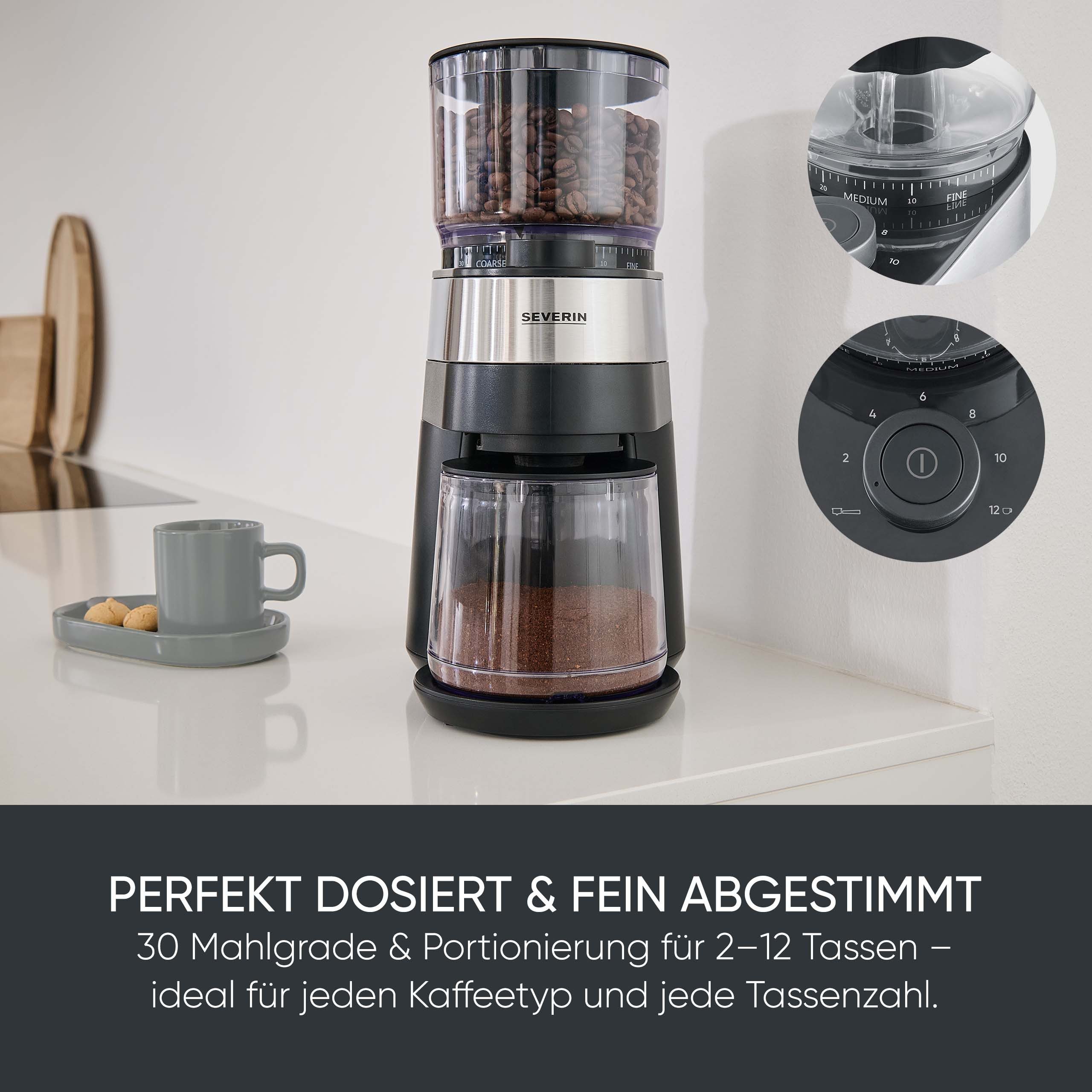 Severin Kaffeemühle KM 3880, Scheibenmahlwerk, 240 g Bohnenbehälter, bis 240g Bohnen, Aromaverschluss, Mahlgrad in 30 Stufen einstellbar