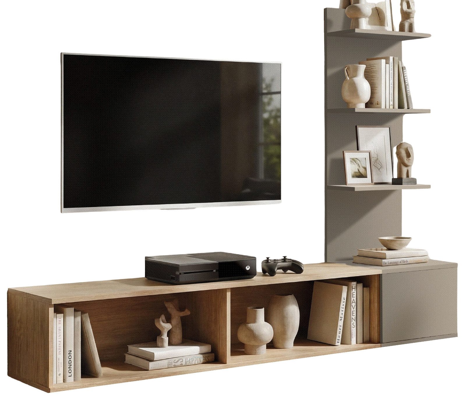 Inn.Furn Lowboard Sense (Set inkl. Wandpaneel mit Regal, 3 St., in Eiche mit Lehm Grau, Breite 180 cm), Soft-Close-Funktion und Push-To-Open