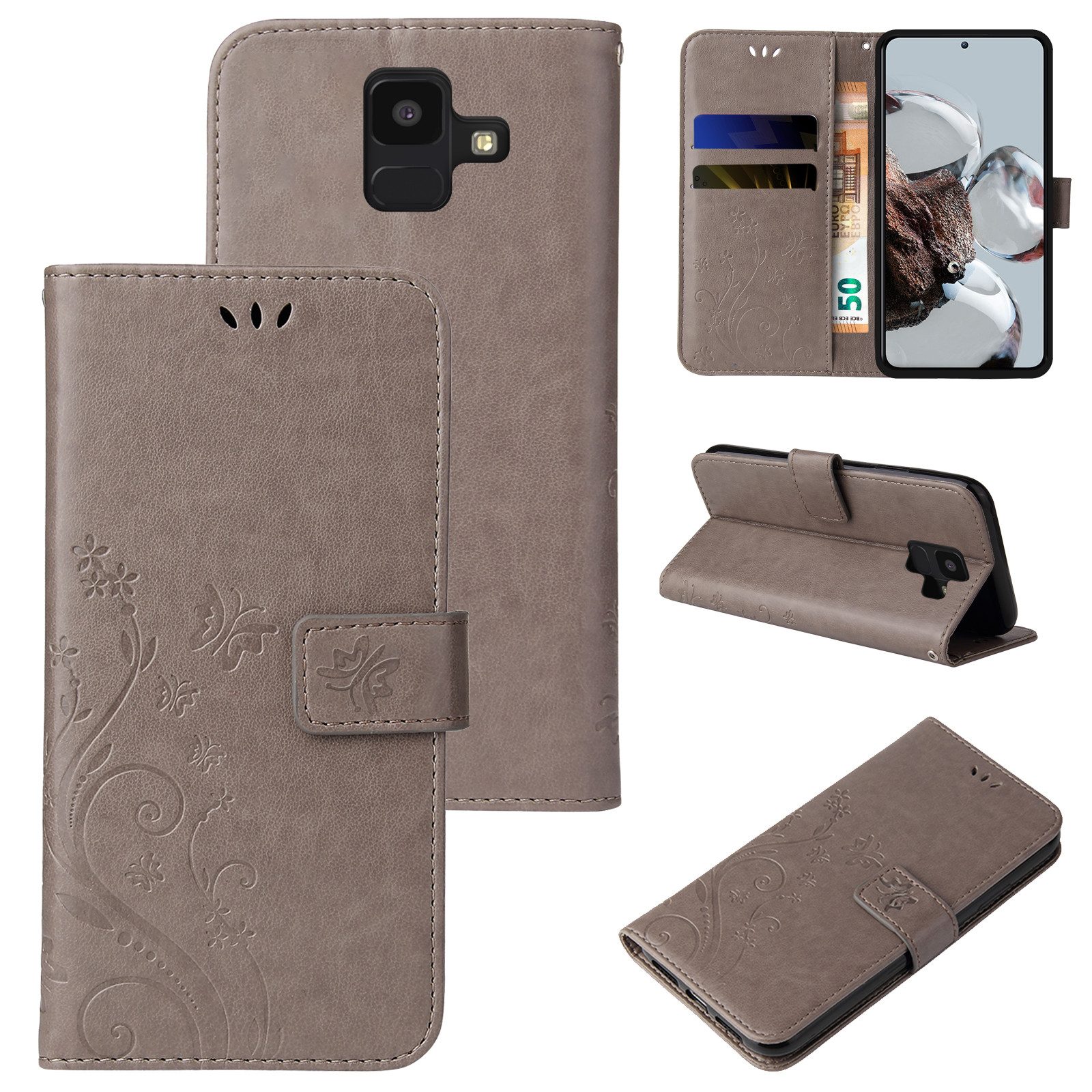 Tec-Expert Handyhülle Cover Tasche Hülle für Samsung Galaxy A6 (2018) 5,6 Zoll, Klapphülle Case mit Kartenfach Fliphülle aufstellbar, Motiv Blumen