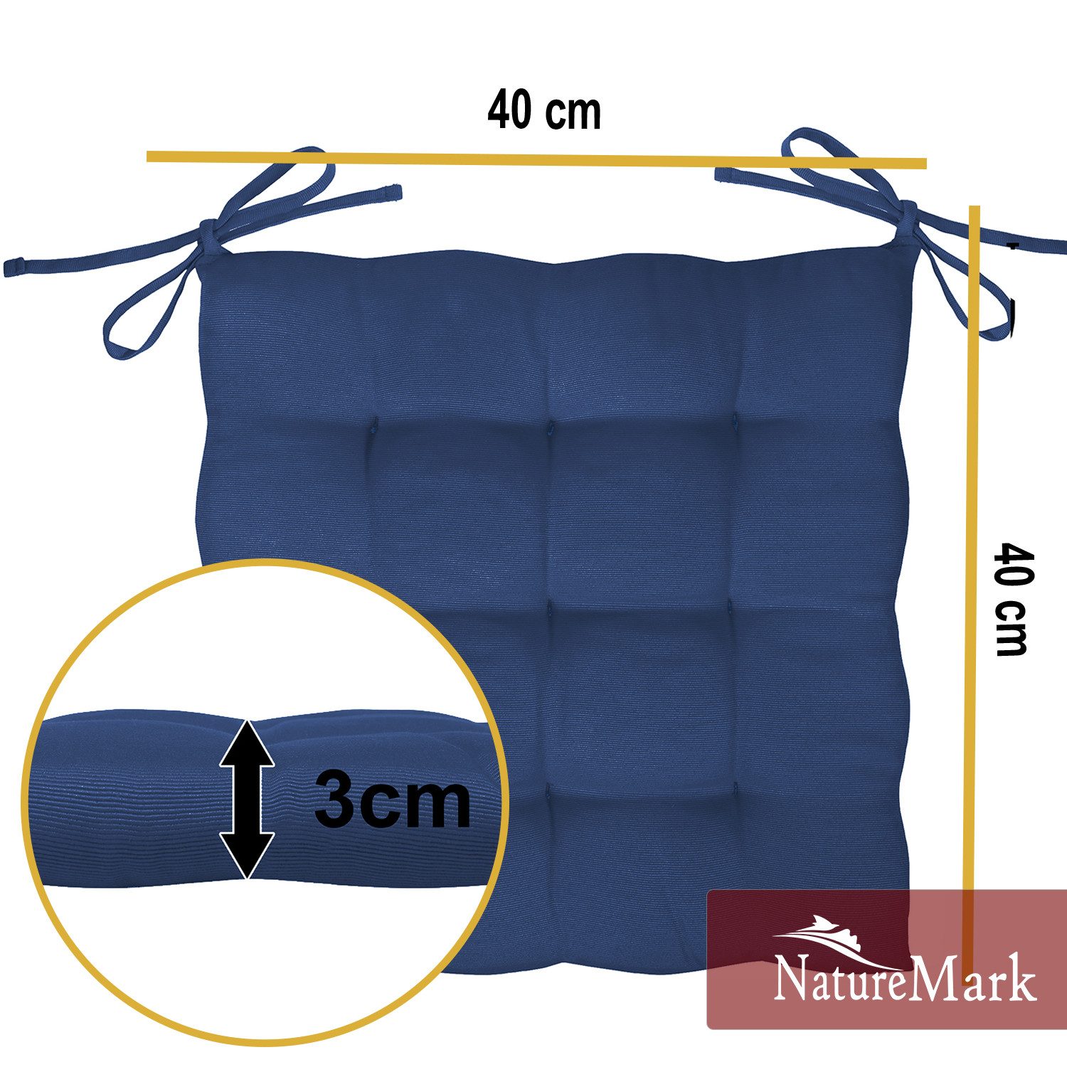 NatureMark Sitzkissen 4er-Set Stuhlkissen 40x40cm mit Bändern, Sitzpolster Kissen 4er Pack, schadstoffgeprüft, Navy blau