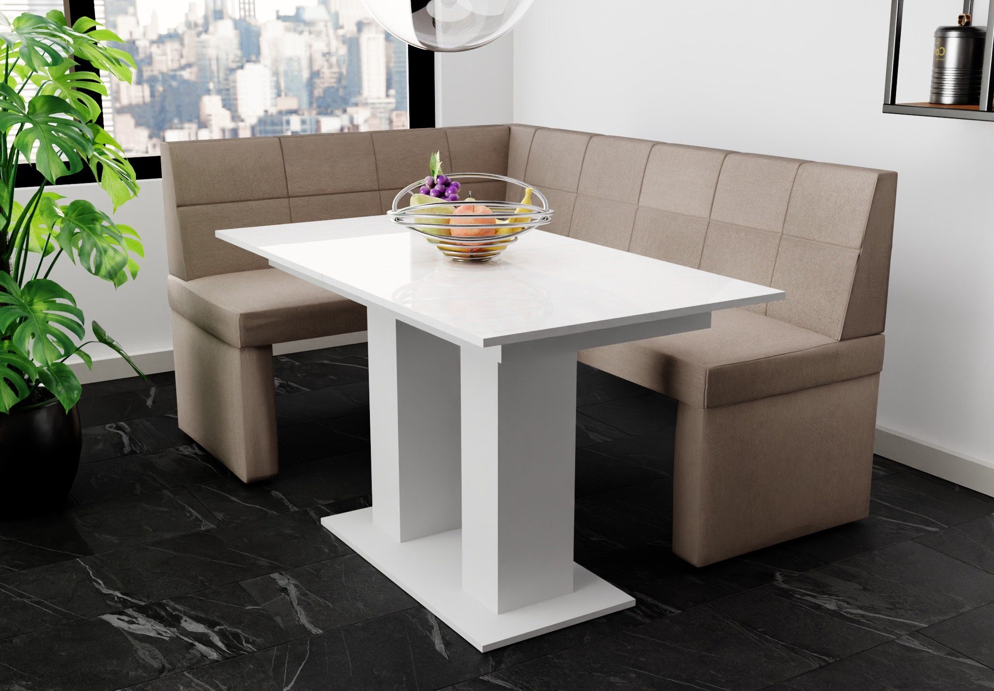 Tisch Eckbankgruppe Fun Eckbankgruppe Weiß XL“ ausziehbarer 196x142cm Möbel mit Hochglanz, Größe „BLAKE Tisch