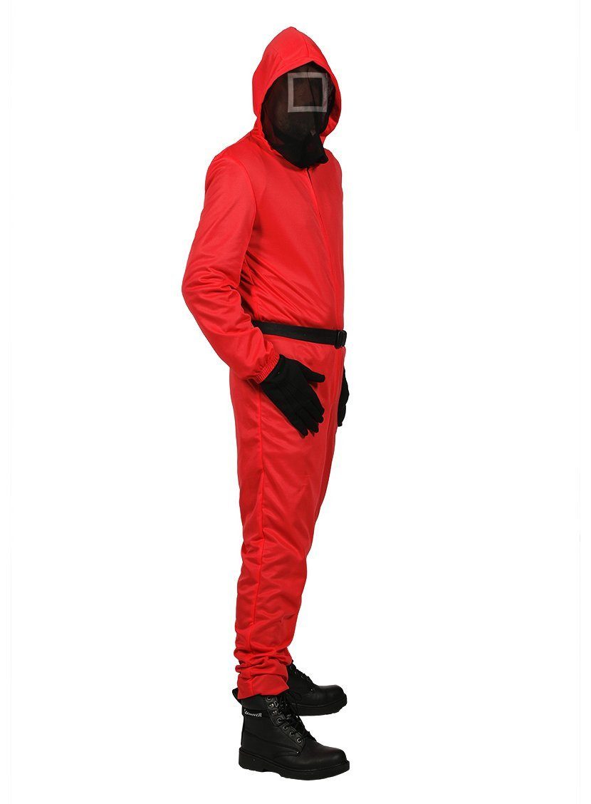Metamorph Kostüm Squid Game Aufseher Overall - Karneval Fasching, Roter Overall mit eingearbeiteter Maske der Aufseher aus der koreanisc