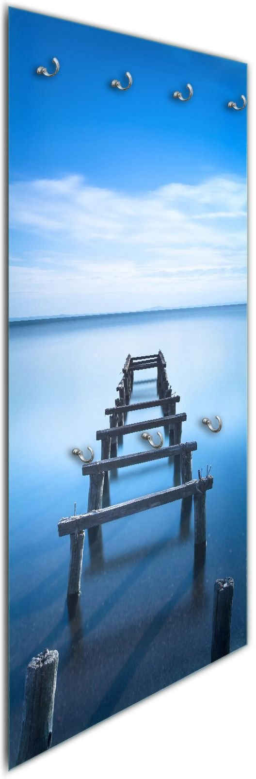Wallario Wandgarderobe Rustikaler Holzsteg im blauen See (1-teilig, inkl. Haken und Befestigungsset), 50x125cm, aus ESG-Sicherheitsglas