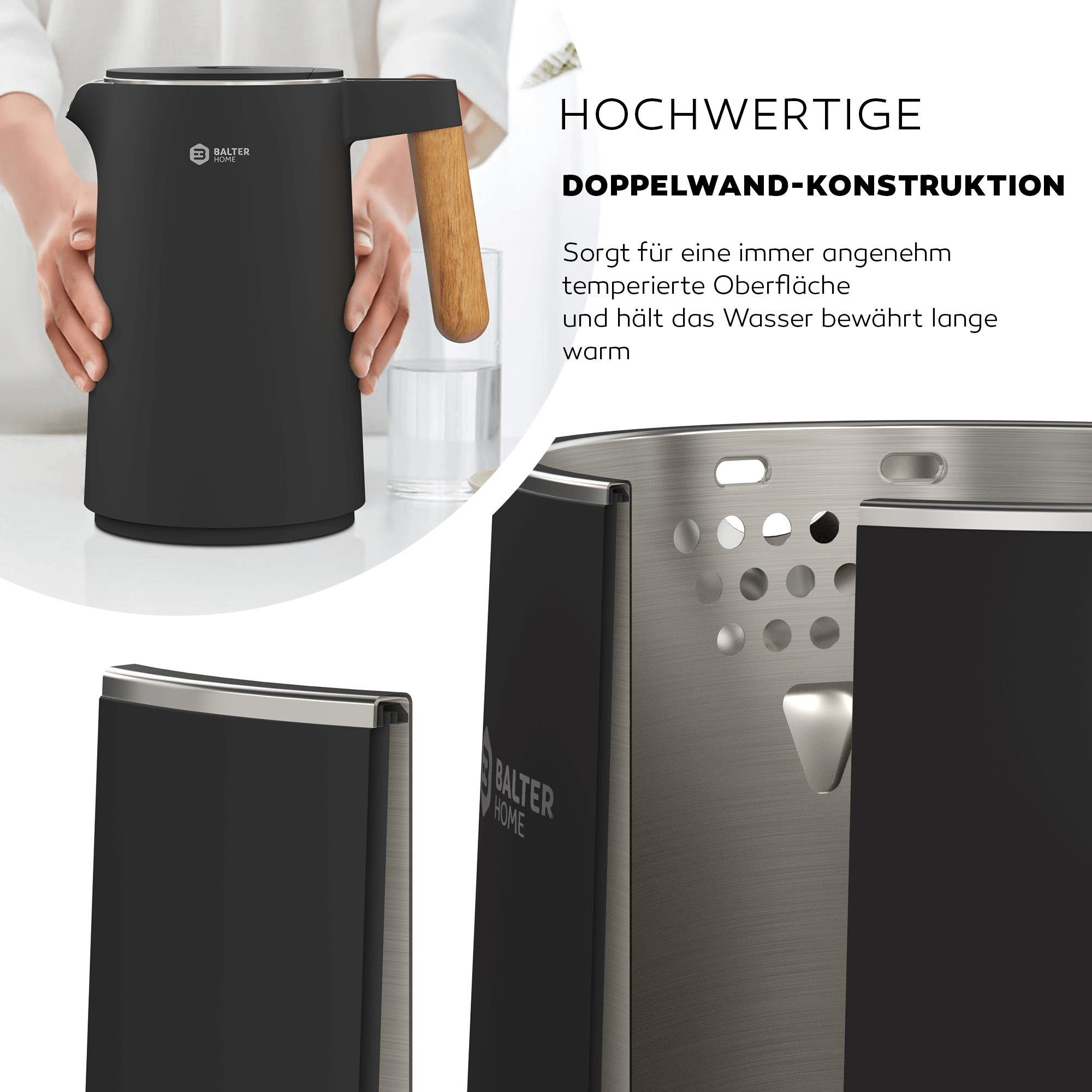 Balter Wasserkocher hochwertiger Teekocher aus Edelstahl, 1.5 l, 2200,00 W, kabelloser Wasserkocher mit Temperatureinstellung, BPA frei