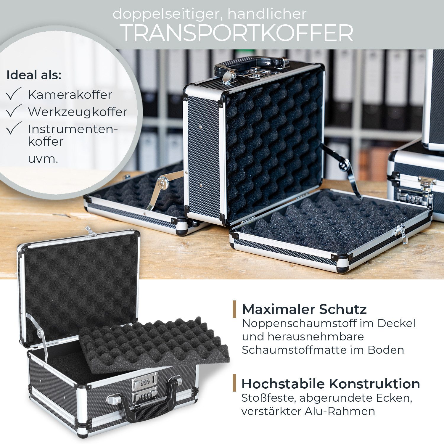 HMF Aufbewahrungsbox Transportkoffer mit zwei 3er Zahlenschlösser und Schnappverschlüssen, Doppelt, Koffer mit Noppenschaumstoff 31x26x15 cm