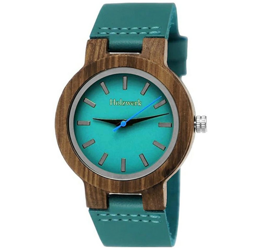 Holzwerk Quarzuhr LIL KAHLA kleine Damen Leder & Holz Armband Uhr in türkis blau & braun