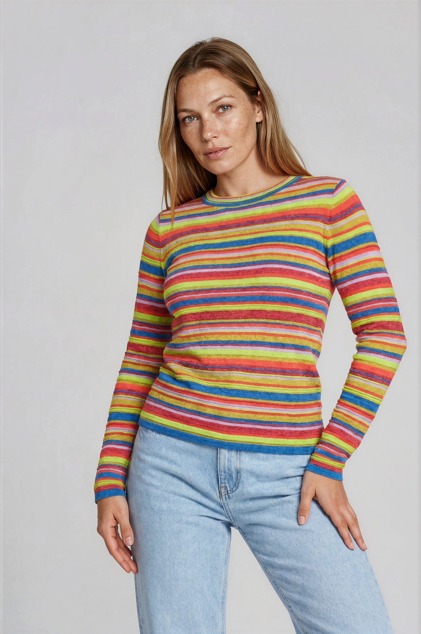 FRISTED Sweater Damen Gestreift Bio Baumwolle Rundhals Modern fit Langarm Figurbetonter Pullover mit Melange-Optik und seitlichen Schlitzen