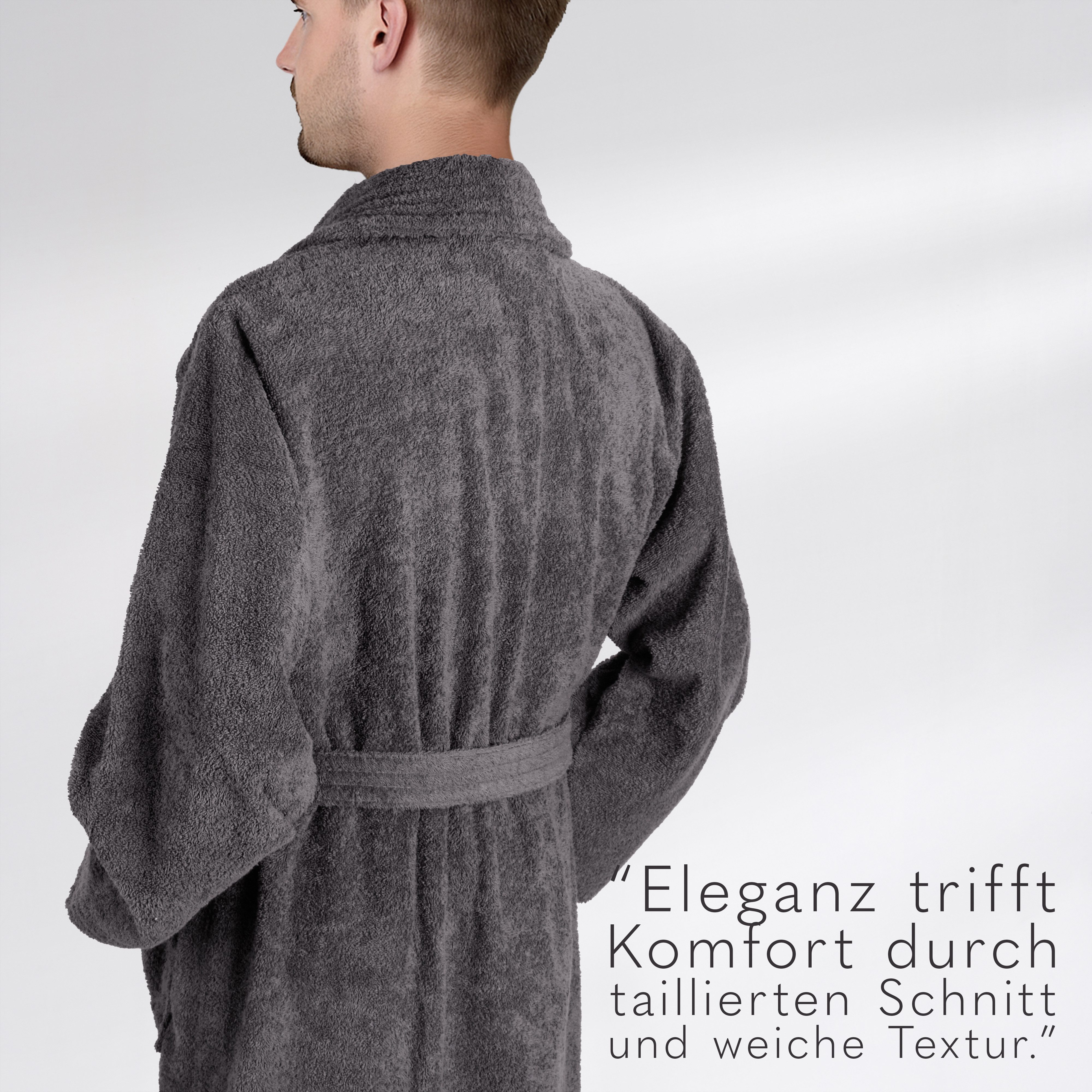 HAMMETEX Herrenbademantel hergestellt aus 100% Baumwolle – 380 g/m² Frottee, mit Taschen, Langform, Baumwolle, Schalkragen, Gürtel, saugfähig & Weich