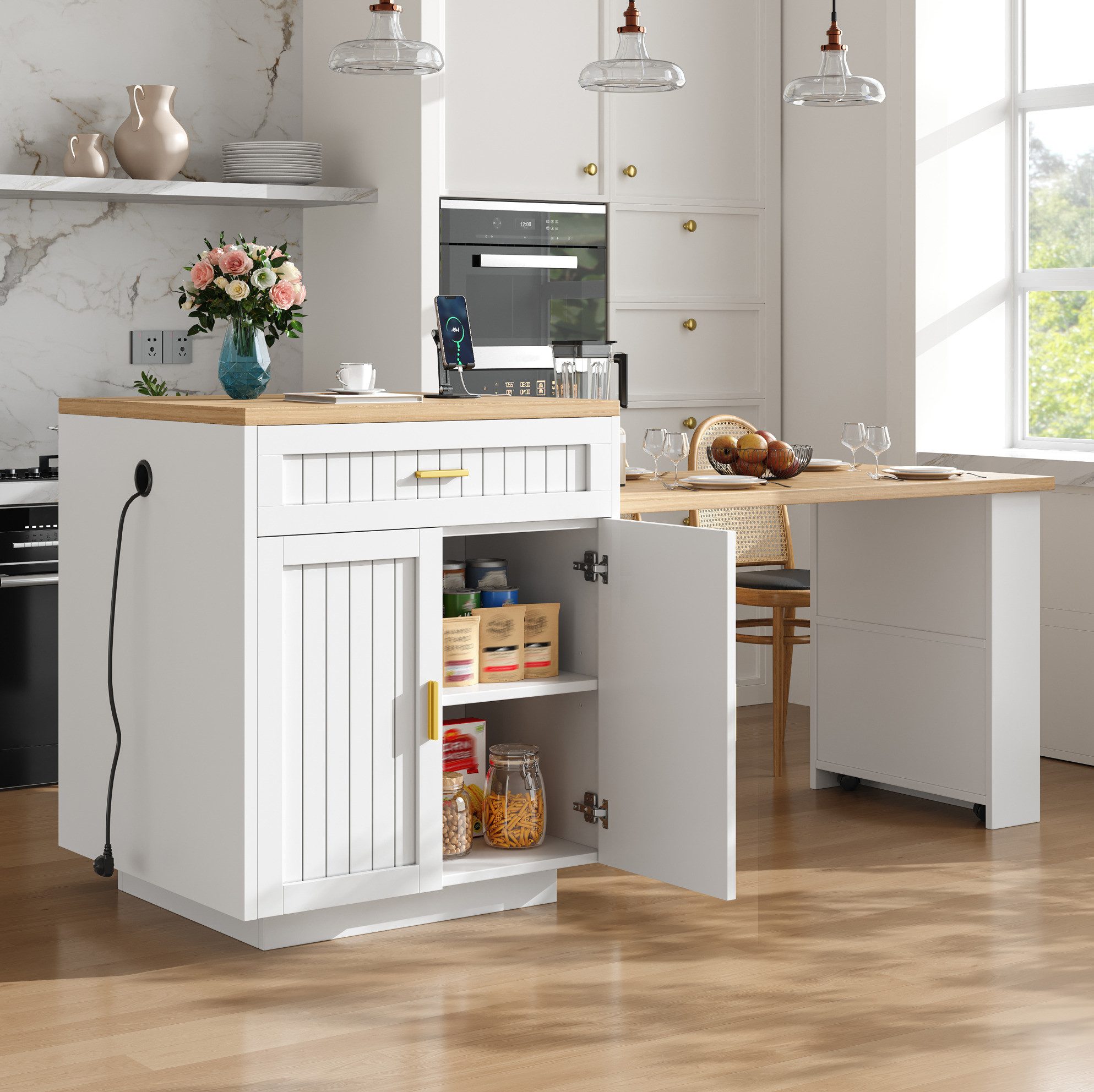 REDOM Kücheninsel Küchenschrank 121,5–192cm mit integrierter Steckdose in Weiß, (Servierwagen mit 1 Schublade und variablen Einlegeböden), Küchenwagen mit vertikalen Riffeltüren und Stauraumfächern