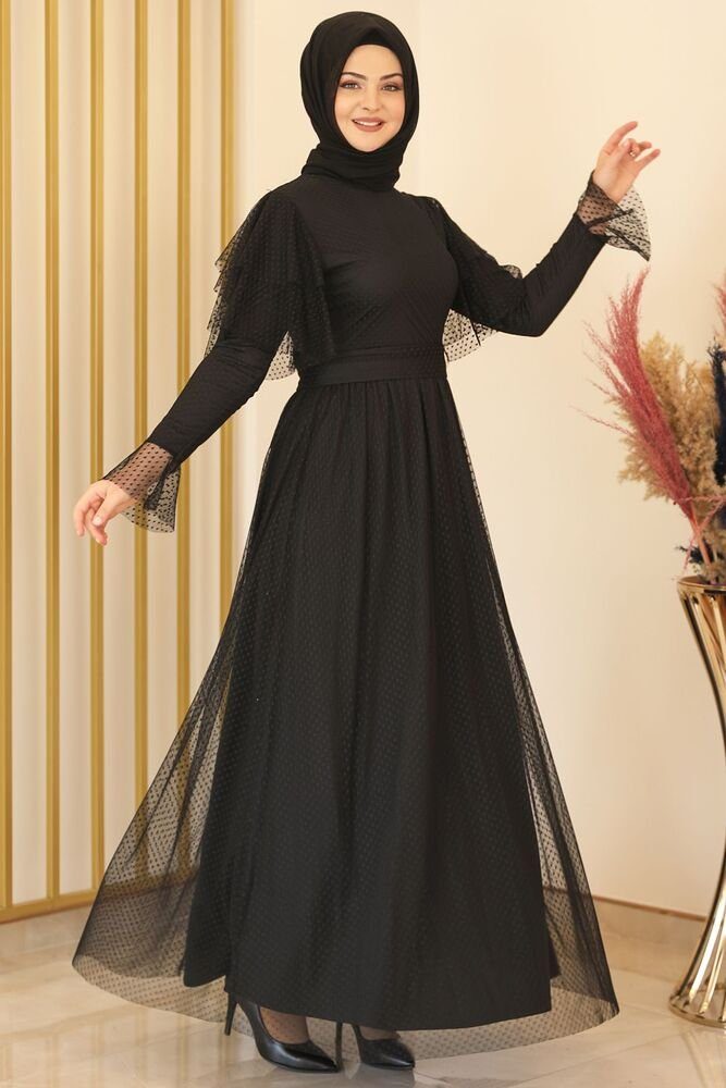 Modavitrini Abendkleid Tüll Hijab Abiye Kleid Schwarz Abaya aus gepunktetem Tüllkleid