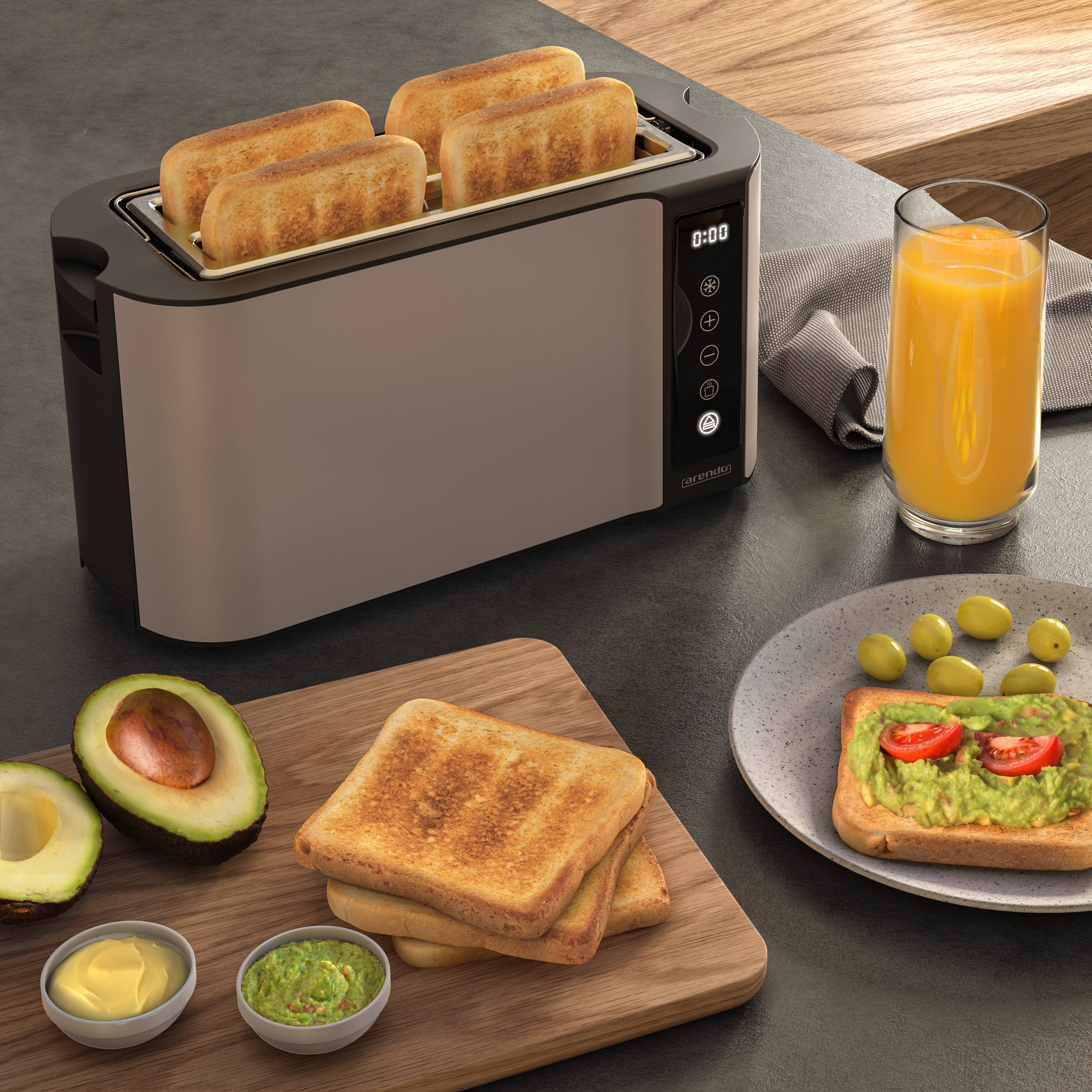 Arendo Toaster Wärmeisoliertes Doppelwandgehäuse, Display mit Restzeitanzeige, 2 lange Schlitze, für 4 Scheiben, 1500 W, Touchpanel, Brötchenaufsatz, 7 Bräunungsgrade, Brotscheibenzentrierung