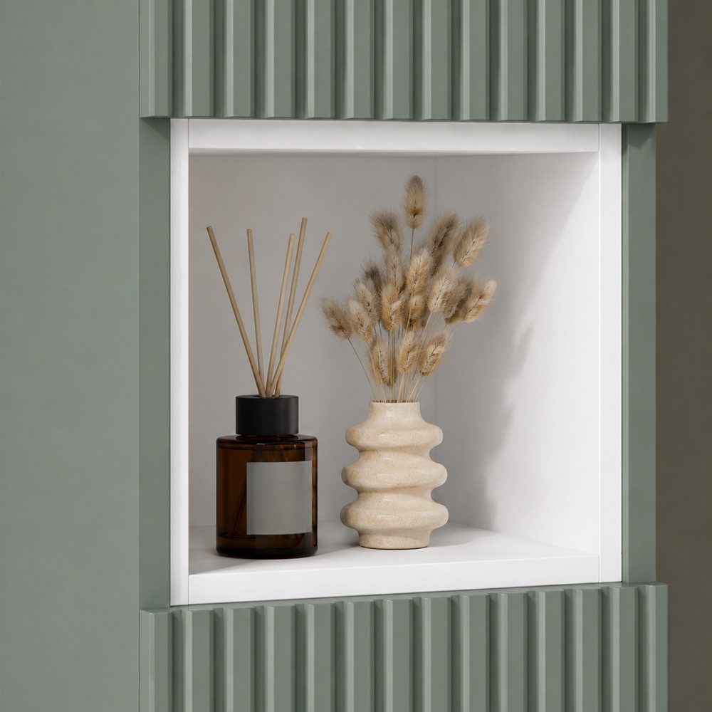Lomadox Hochschrank NEWPORT-56-GREEN Badschrank Grün Rillen 30 cm Fach in Weiß grifflos Softclose Türen