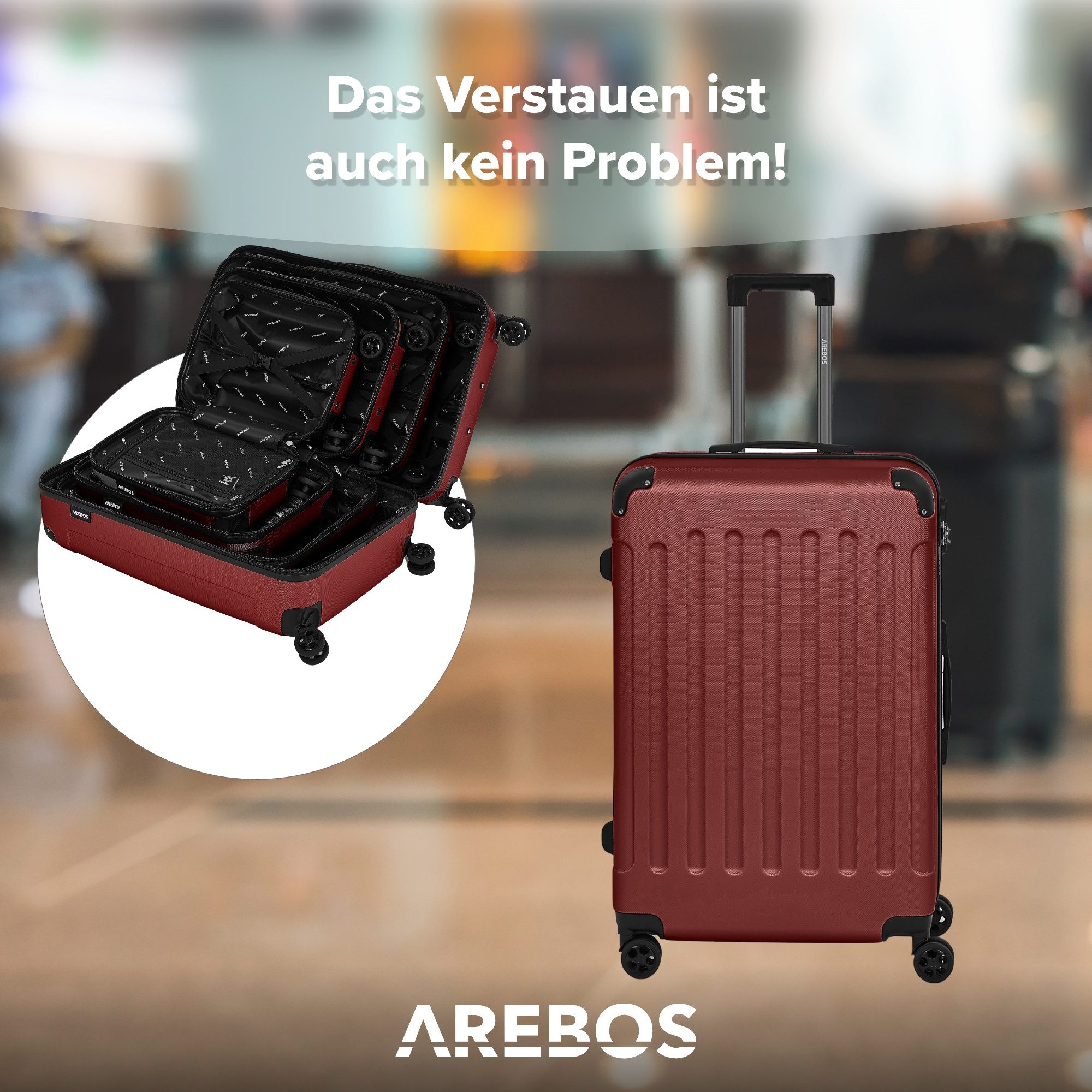 Arebos Kofferset Reisekoffer 4er Set Hartschalen Koffer Trolley S-M-L-XL-Set, 4 Rollen, (Set, Rot), Teleskopstange