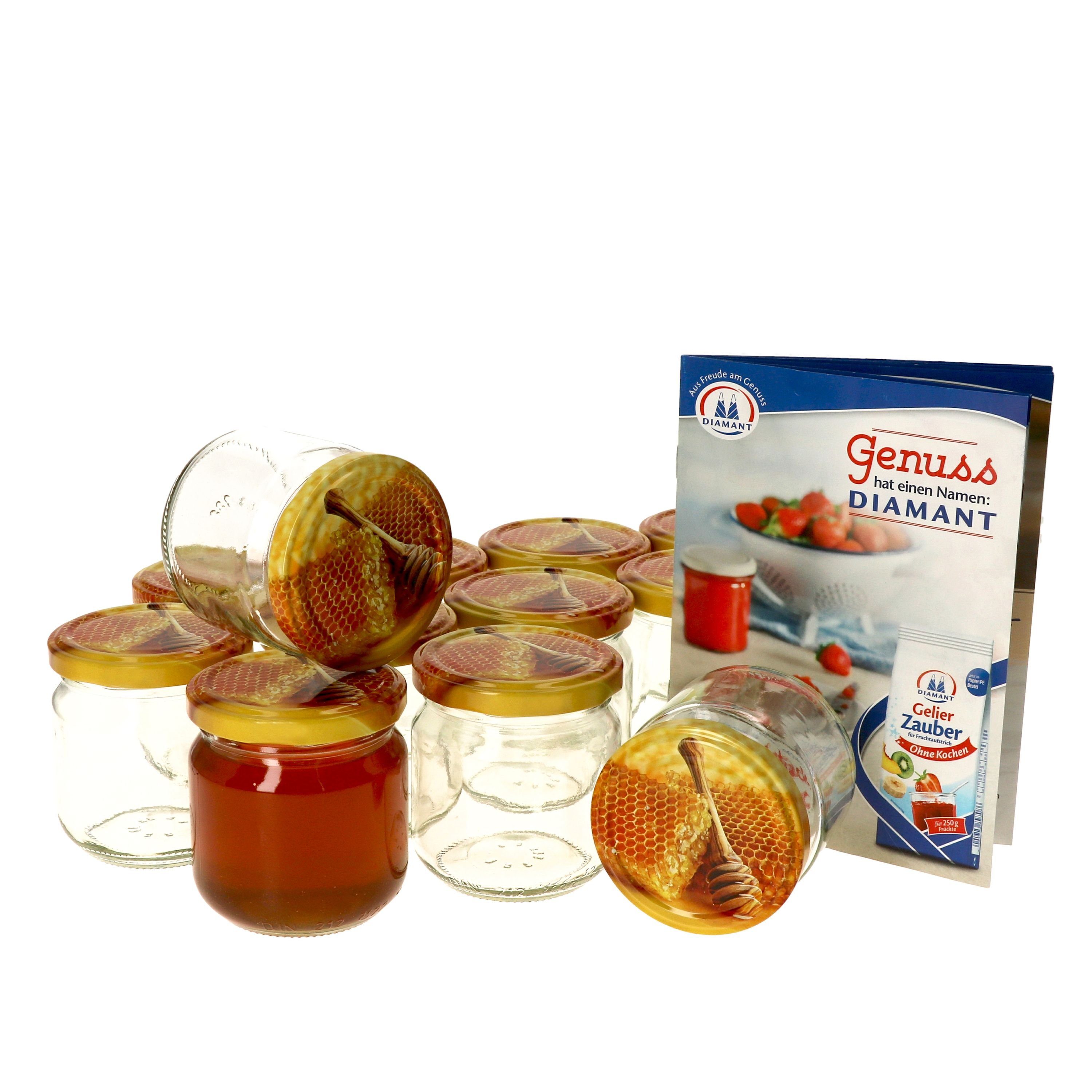 Deckel Honigwabe MamboCat Glas Rundglas nieder ml mit Carino 212 Set Rezeptheft, 12er Einmachglas