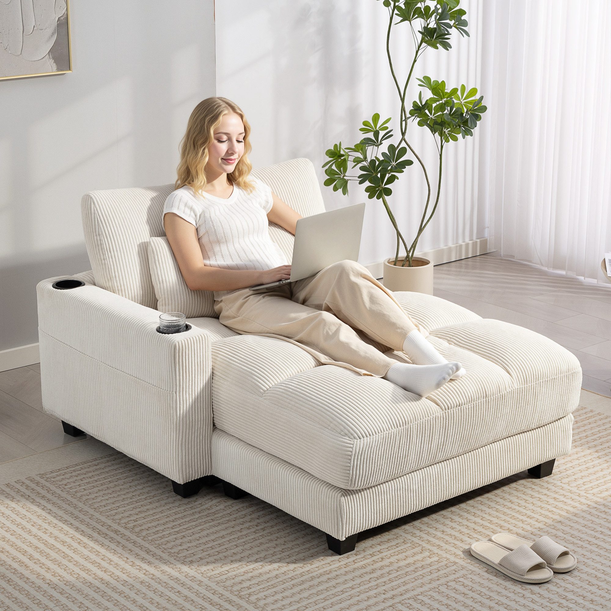 HOMCOM Schlafsofa Chaiselongue 2 Sitzer, Cord-Optik, Links/Rechts Armlehne, Sofa mit Schlaffunktion 1 Teile, für Wohnzimmer, Schlafzimmer, Cremeweiß