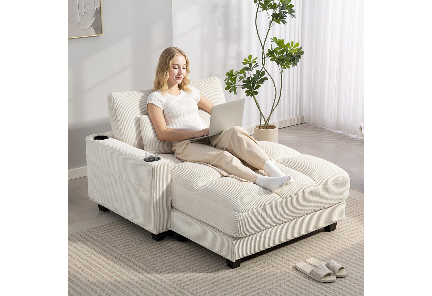 HOMCOM Schlafsofa Chaiselongue 2 Sitzer, Cord-Optik, Links/Rechts Armlehne, Sofa mit Schlaffunktion 1 Teile, für Wohnzimmer, Schlafzimmer, Cremeweiß