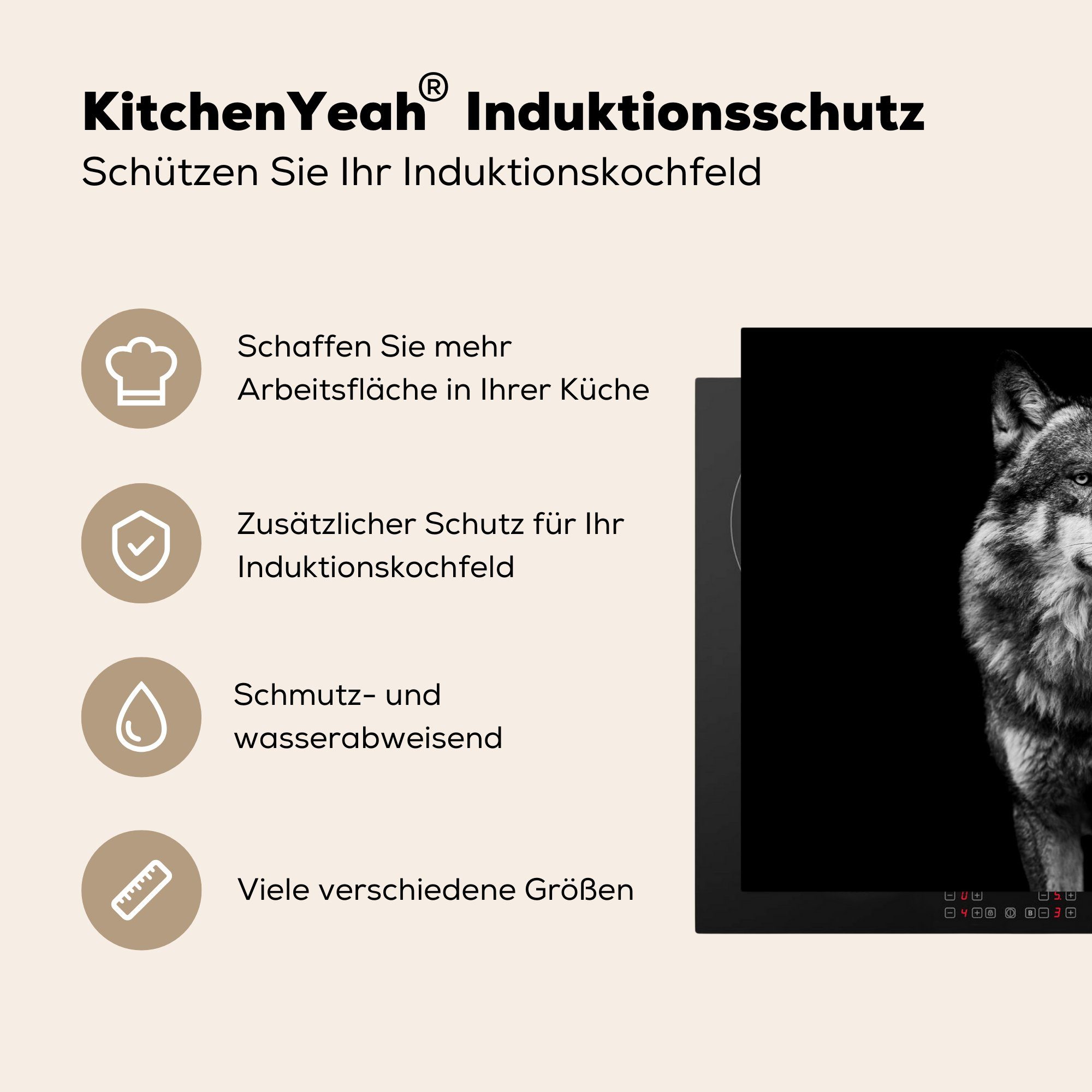 cm, MuchoWow Herdblende-/Abdeckplatte - Arbeitsplatte Schwarz (1 - tlg), Wolf Wild Ceranfeldabdeckung, - - für küche Tiere Weiß, Vinyl, 77x51