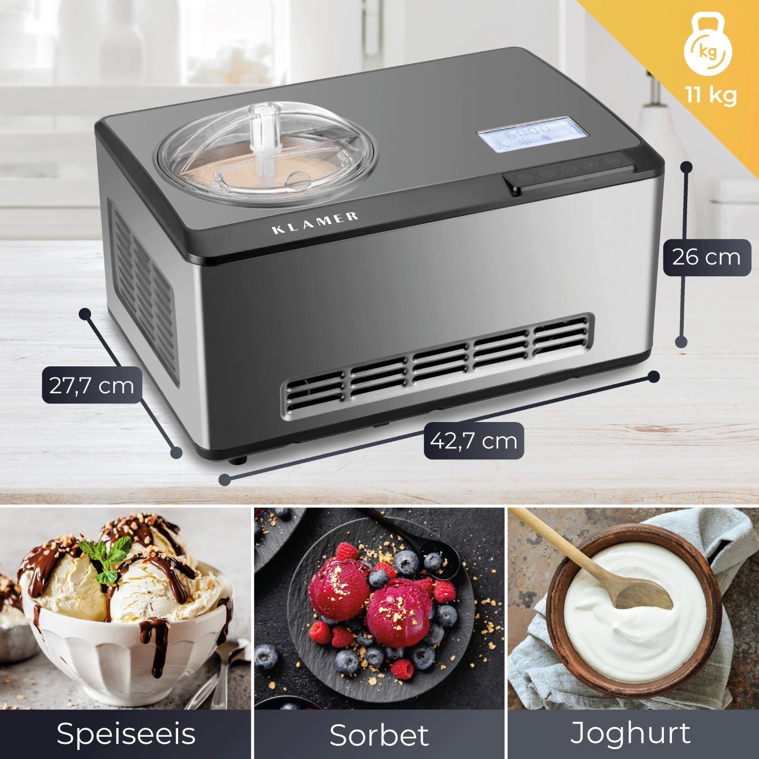 KLAMER Eismaschine 2-in-1 Eiscrememaschine & Joghurtbereiter 2 L, 180 W, aus Edelstahl m…, 2 l, 180 W, Raffiniertes Rührsystem, Nachfüllklappe, digitales Rezeptbuch