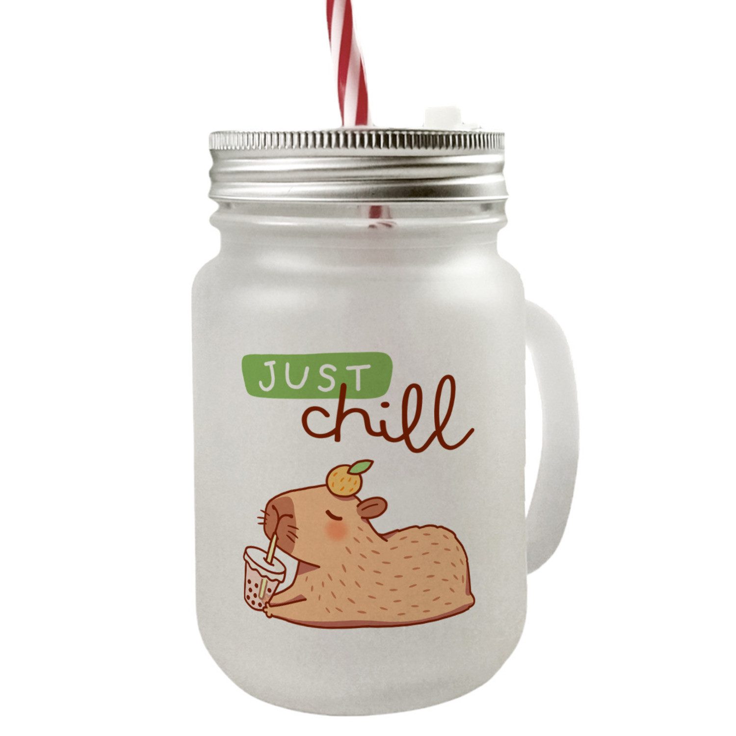 Glas Capybara mit Bubble Tea Mason Jar Henkel Trinkglas Deckel Spruch Just