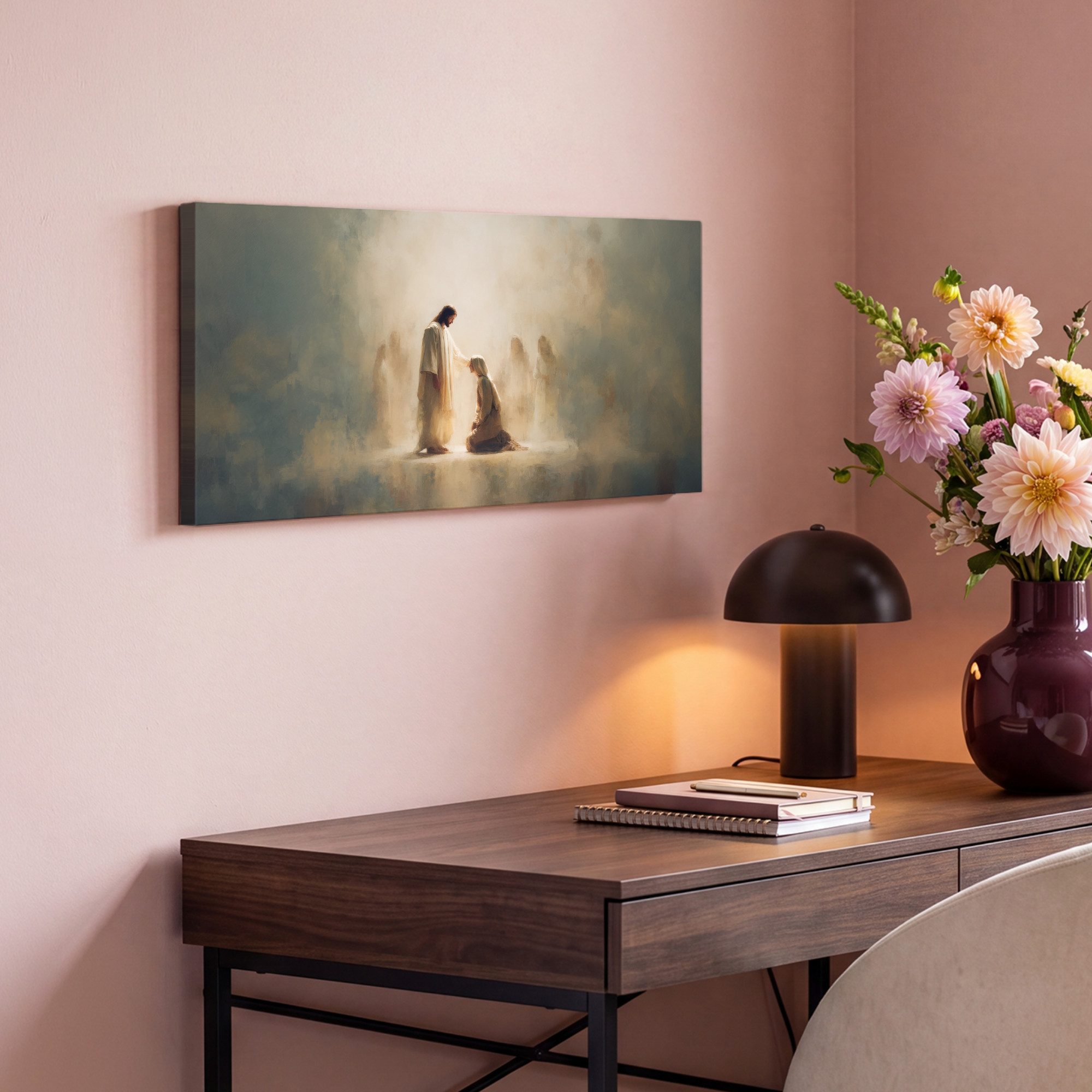 OneMillionCanvasses® Leinwandbild Panorama Kniend - Beige - Abstrakt - Jesus, Fotodruck (1 St), Wandbild, Deko Schlafzimmer Wohnzimmer Flur 40x20 cm – Bild 4 von 5