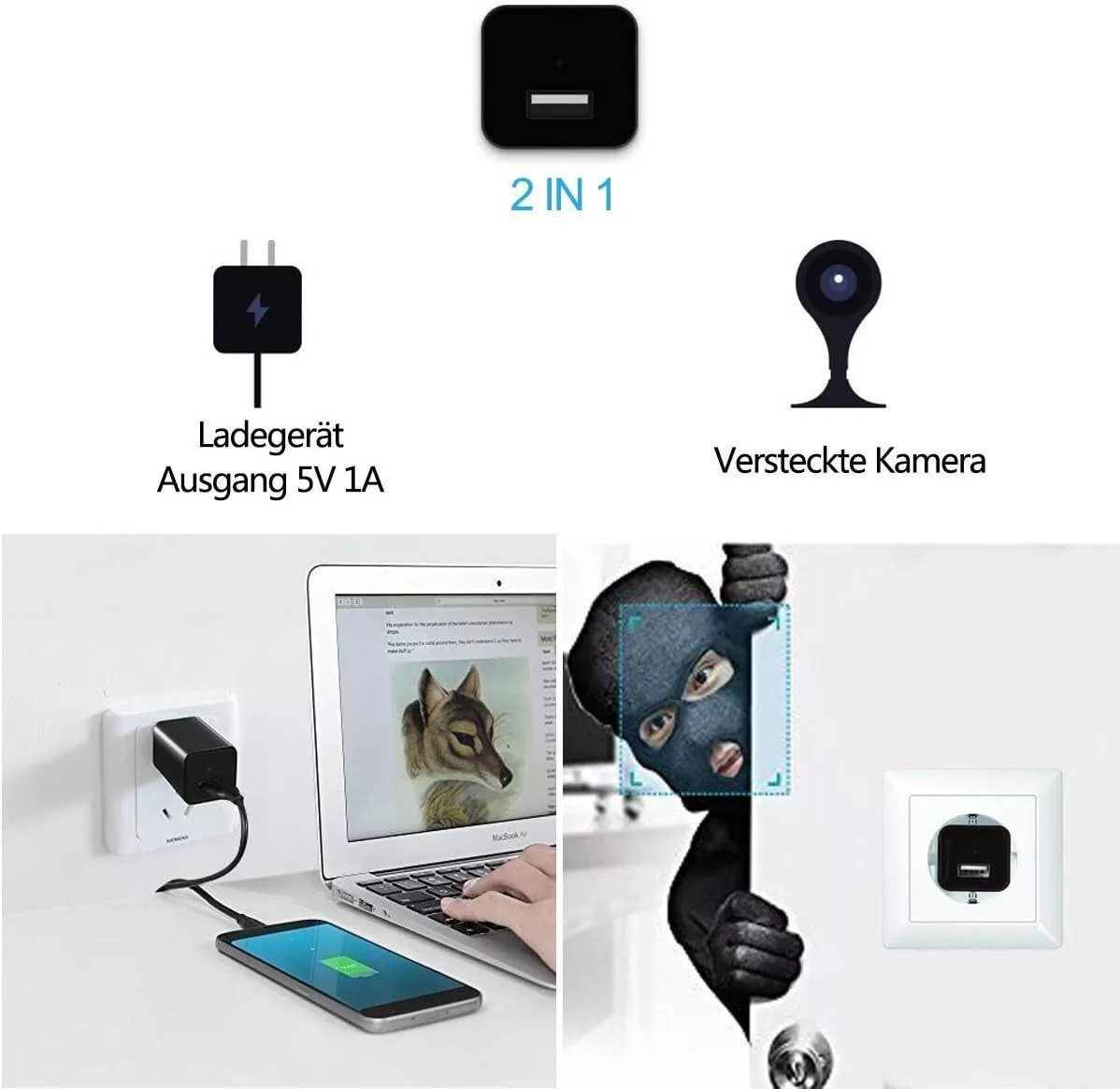 SpionProfi Überwachungskamera Mini Kamera Video Ton Überwachungskamera mit Bewegungsmelder Haus Cam (Innenbereich, Universal Usb Ladegerät versteckte Kamera Spy – Bild 4 von 4