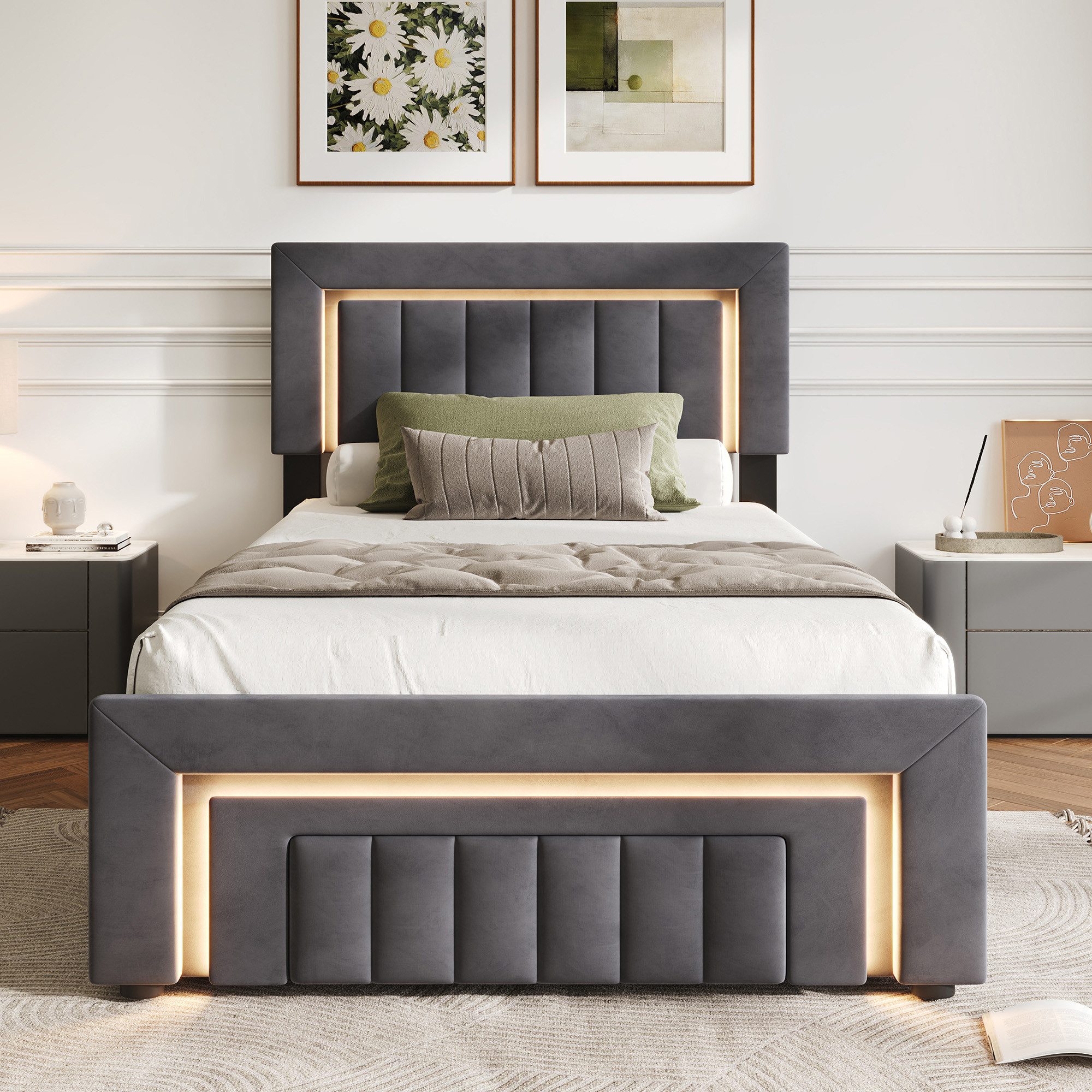 STILVORA Polsterbett 90×200 mit bettkasten,Funktionbett Boxspringbett mit LED & Schubladen (verstärkter Metallrahmen, stabiler Lattenrost, Gepolstertes Kopfteil – Bild 4 von 5