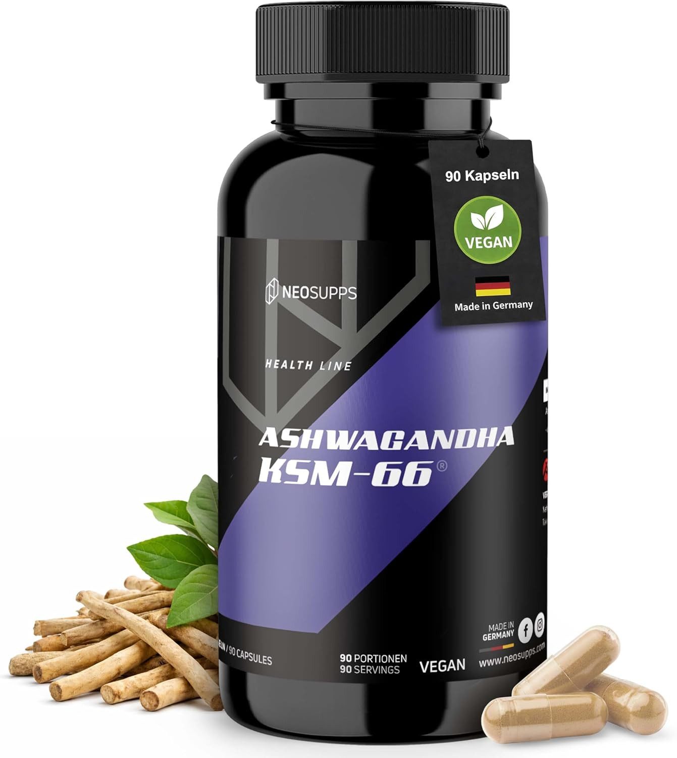 Neosupps Ashwagandha KSM-66, 100% Wurzelextrakt mit 5% Withanoliden, 90 Kapseln, Unterstützt Blutzuckerspiegel, Energie & mentale Klarheit, Vegan