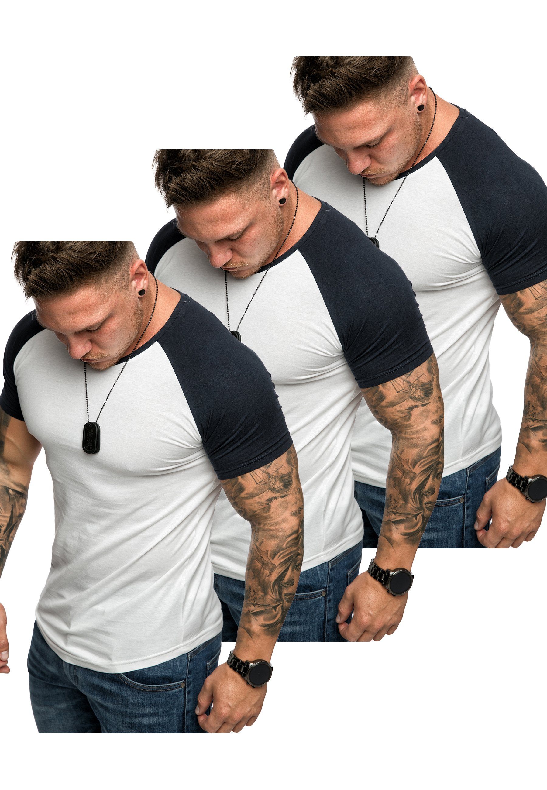 Amaci&Sons T-Shirt 3. OMAHA 3er-Pack T-Shirts (3er-Pack) Herren Basic Oversize Kontrast Raglan T-Shirt (3x Weiß/Navyblau) | T-Shirts