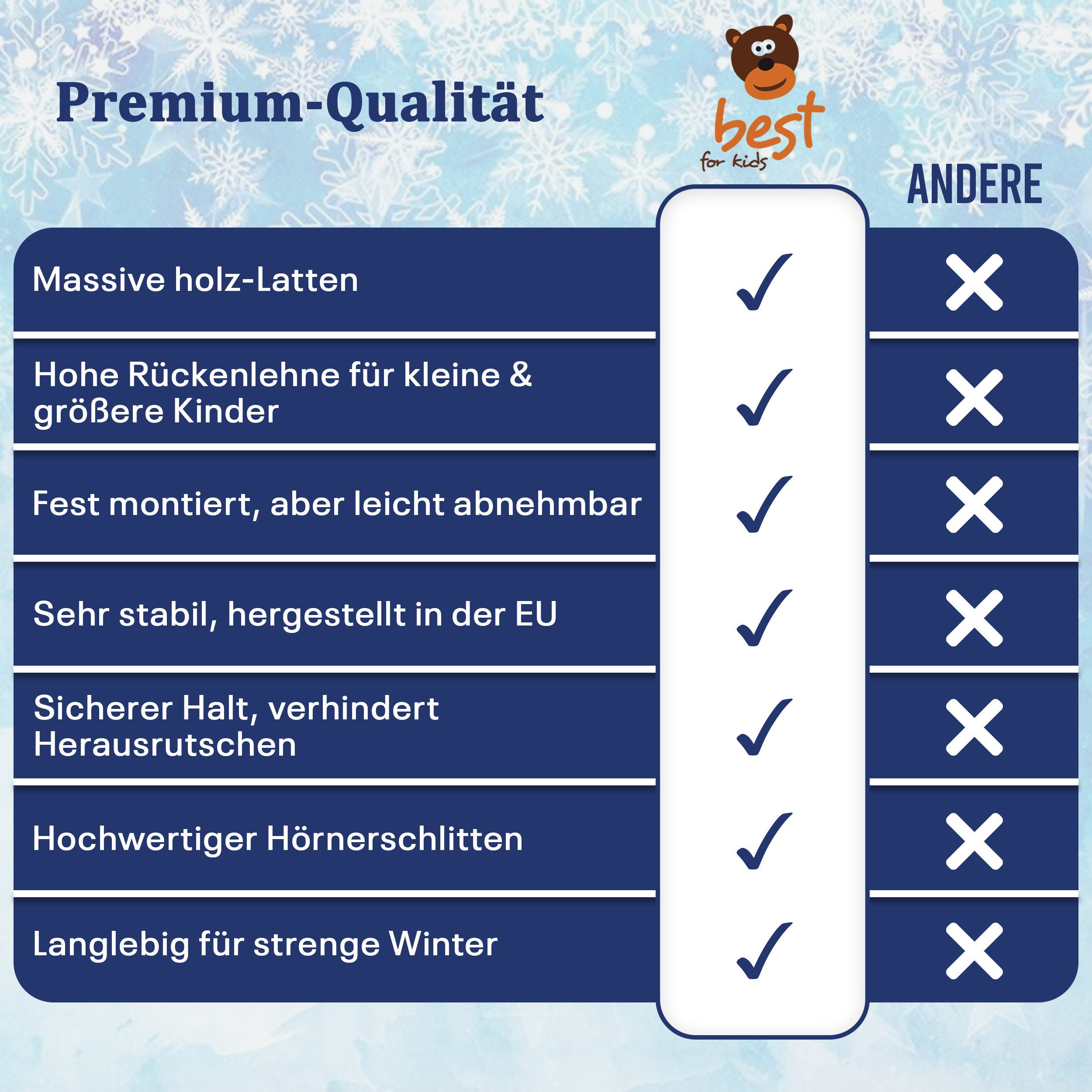 Best for Kids Hörnerrodel Hornschlitten – Kinder-Holzschlitten mit Rückenlehne und Metallkufen (Holzschlitten, Kinderschlitten mit Rückenlehne), 120 x 32 x 39 cm (L x B x H)