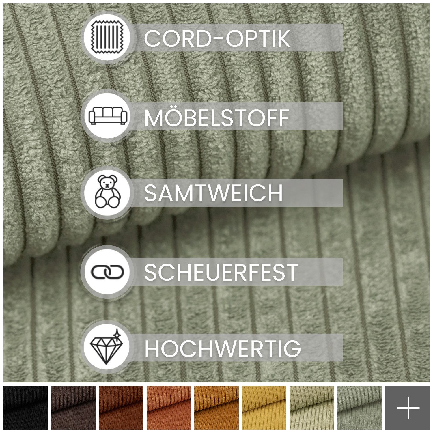 novely® Stoff PORTO - Polsterstoff in Breitcord-Optik - Ultraweicher Möbelstoff, Samtige Haptik, Reißfest, Fusselfrei, Robust, Meterware, 1lfm