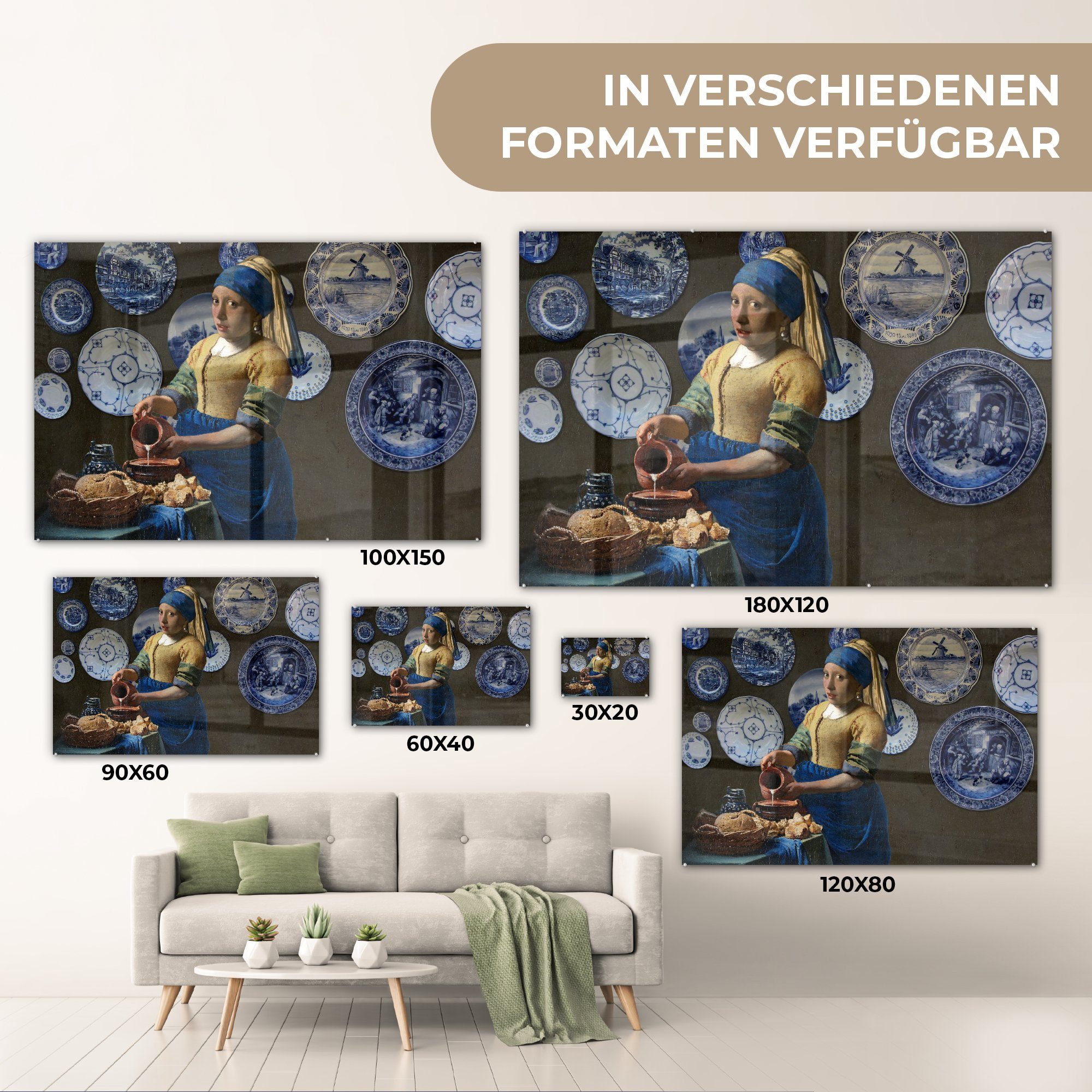 auf Mädchen Bilder auf (1 MuchoWow St), - Wanddekoration Perlenohrring Delfter - - mit Milchmädchen Glasbilder - Blau, Glas Glas - Wandbild Foto Acrylglasbild