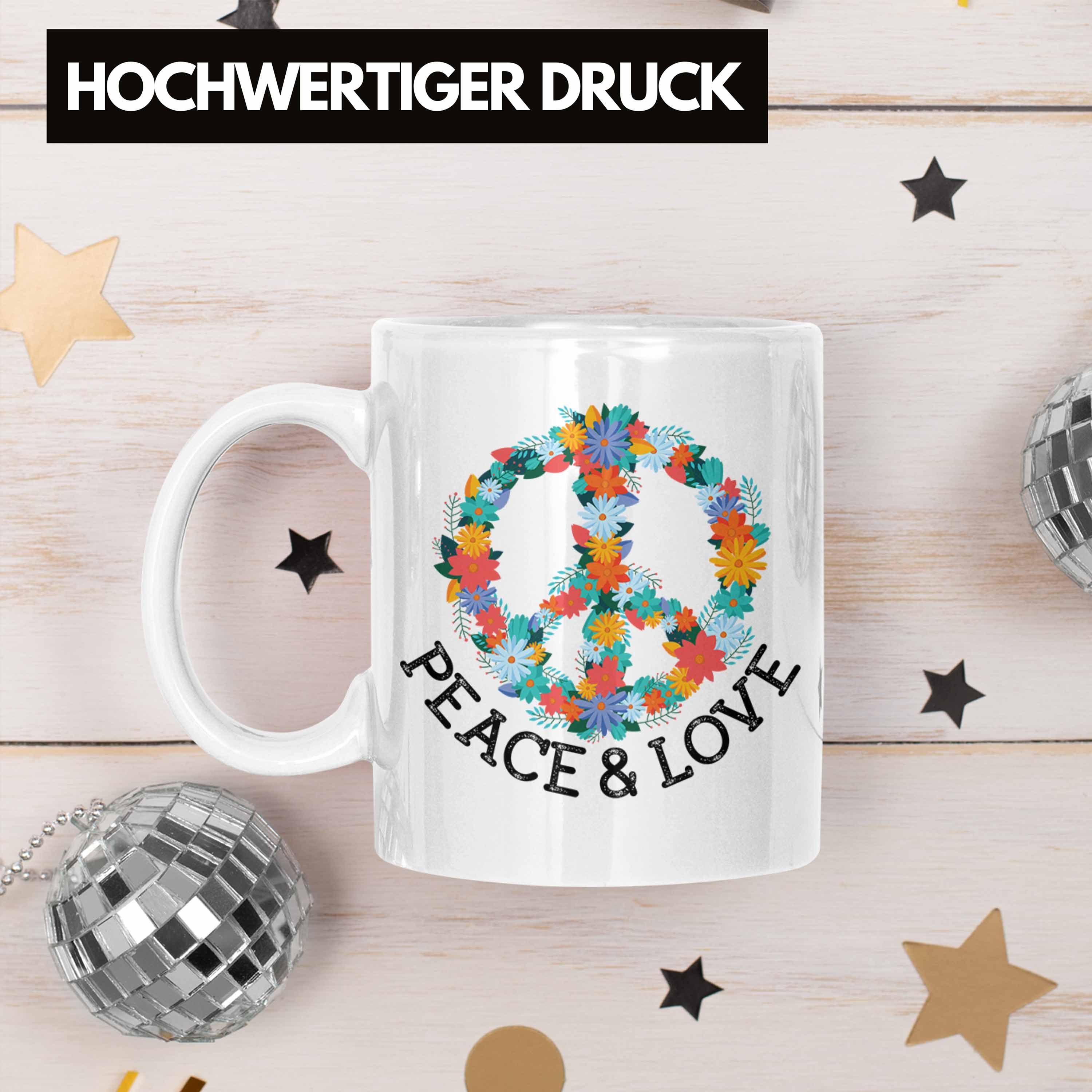 Geschenk 90er Peace 80er Frieden Zeichen Blumen Trendation Hippie Love & Trendation Grafik Grün Tasse - Weiss Tasse