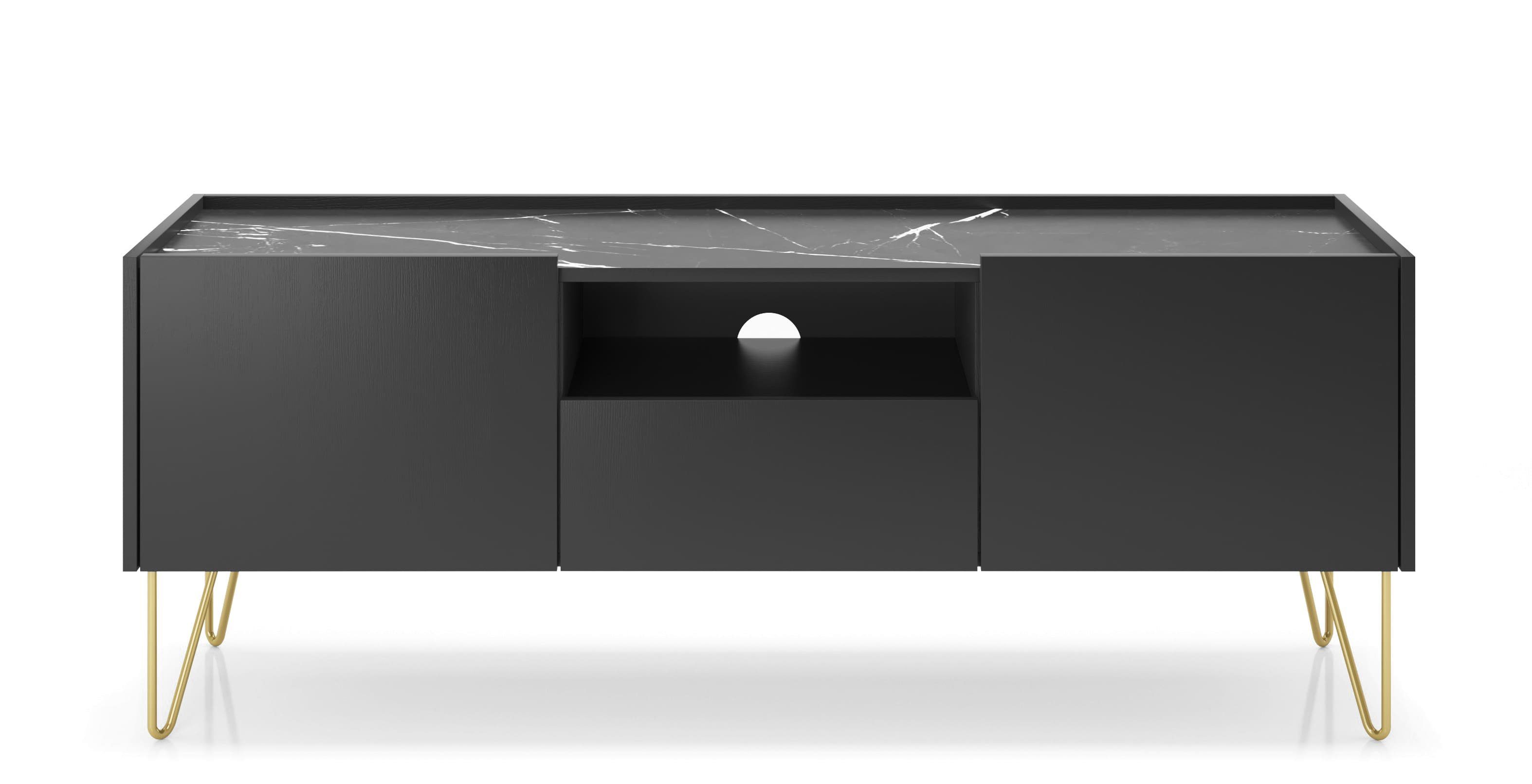 MOEBLO TV-Board Harmonix RTV 144 (Platte in schwarz Marmor-Optik, Lowboard Fernsehtisch TV Bank TV Tisch Fernseher Tisch TV Möbel), (BxHxT):144x55x37cm