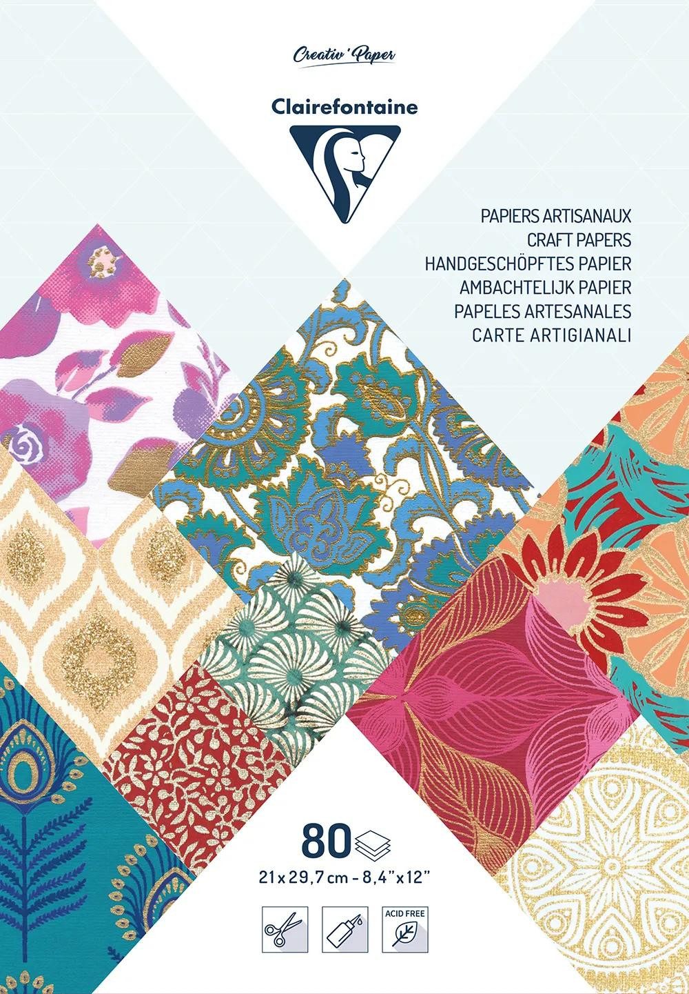 CLAIREFONTAINE Bastelkartonpapier 3x Papiere aus aller Welt, Maxi-Block A4, 80 Bl Mehrfarbig 95218C, Handgeschöpftes Papier