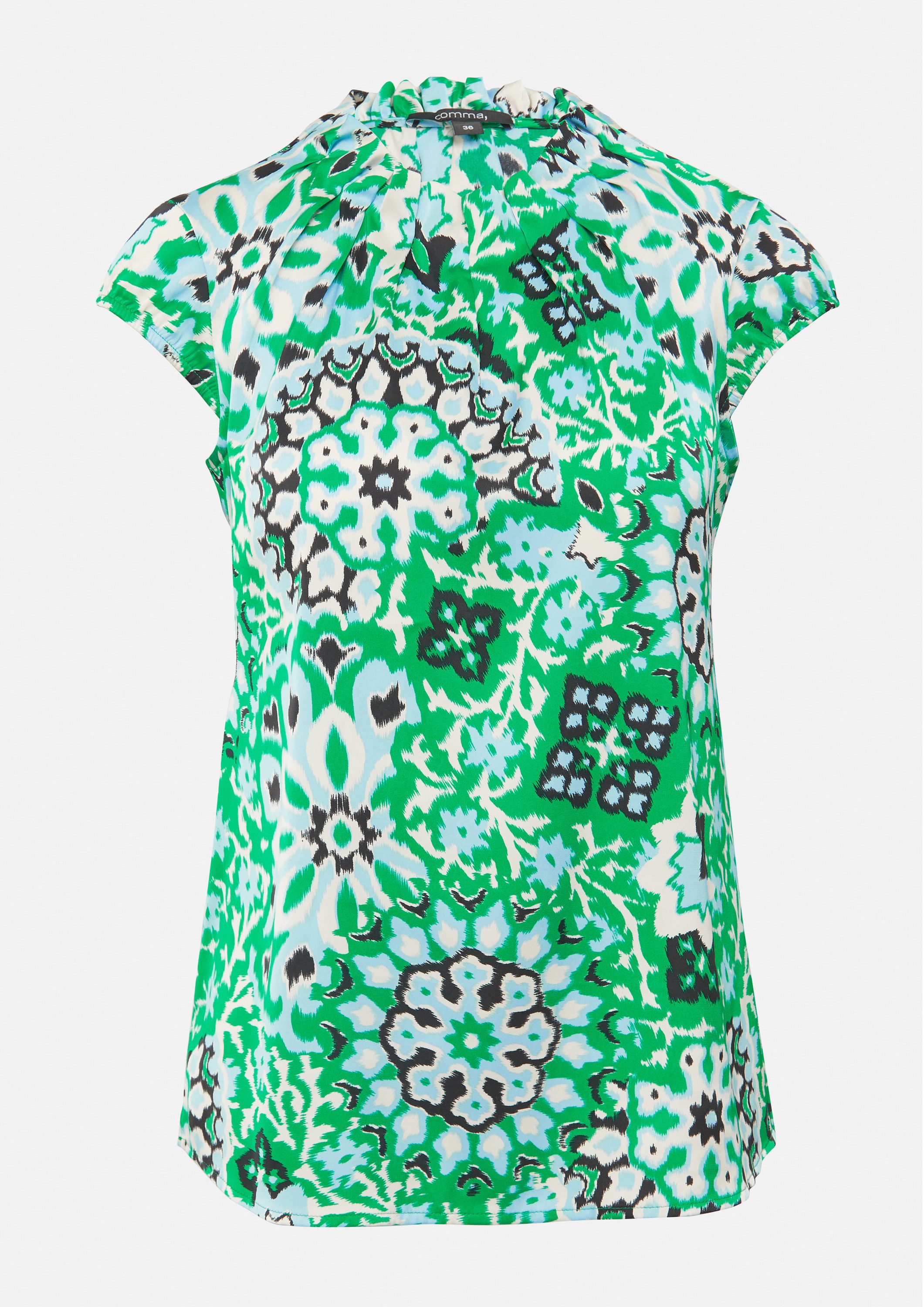 comma Kurzarmbluse Bluse Satinbluse mit Raffung und All-Over Print