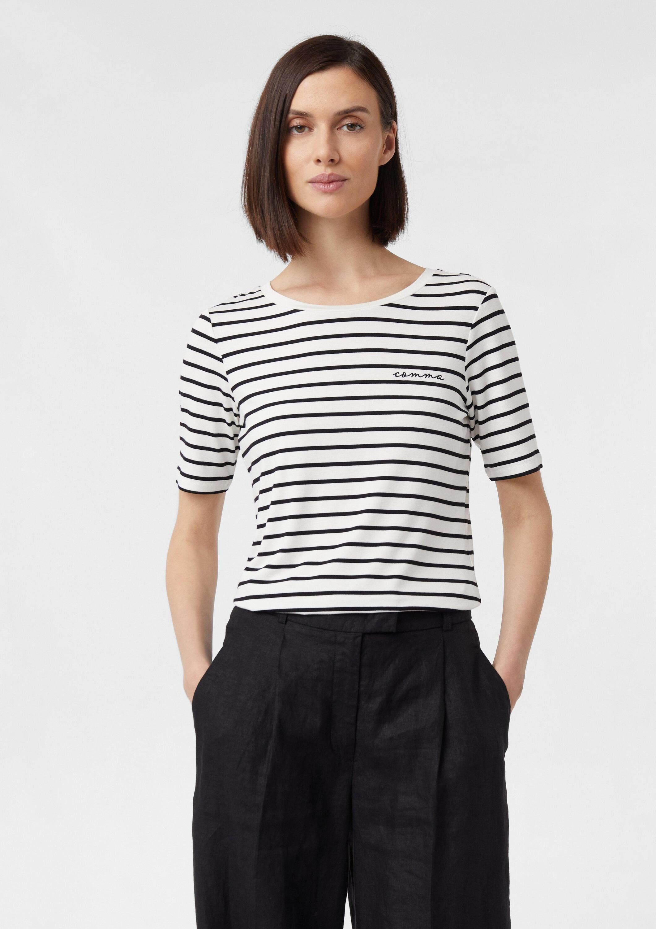 comma Kurzarmshirt T-Shirt Gestreiftes T-Shirt im Slim Fit mit Logo-Stickerei