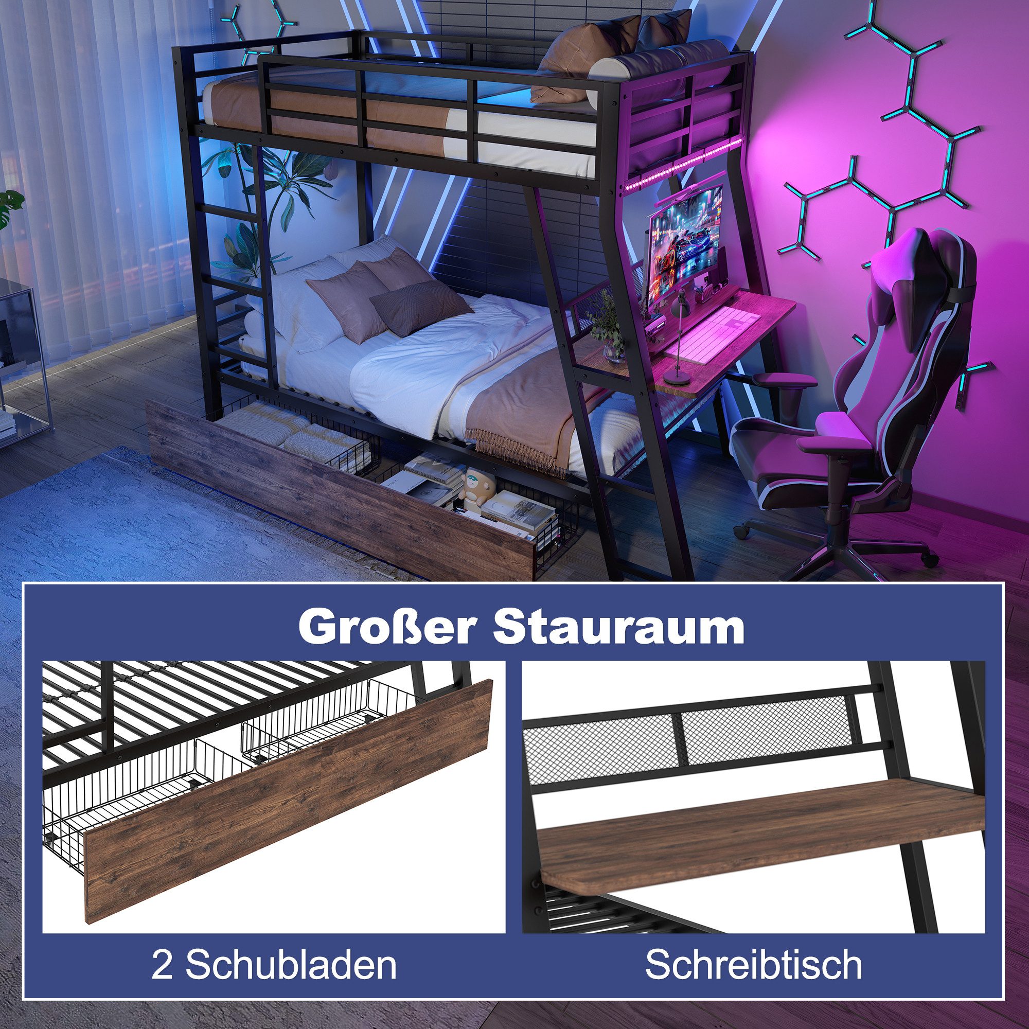 Flieks bunk bed, LED metal bed 90x200cm with fall protection, desk, drawers