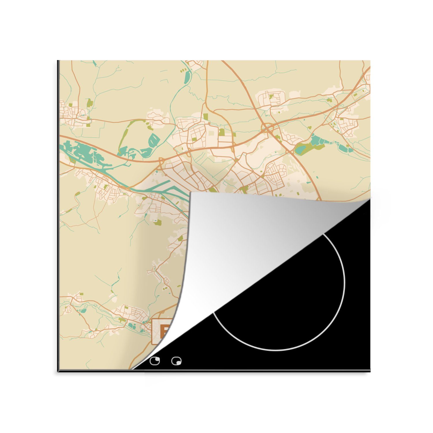MuchoWow Herdblende-/Abdeckplatte Karte - Bamberg - Karte - Stadtplan - Vintage, Vinyl, (1 tlg), 78x78 cm, Ceranfeldabdeckung, Arbeitsplatte für küche