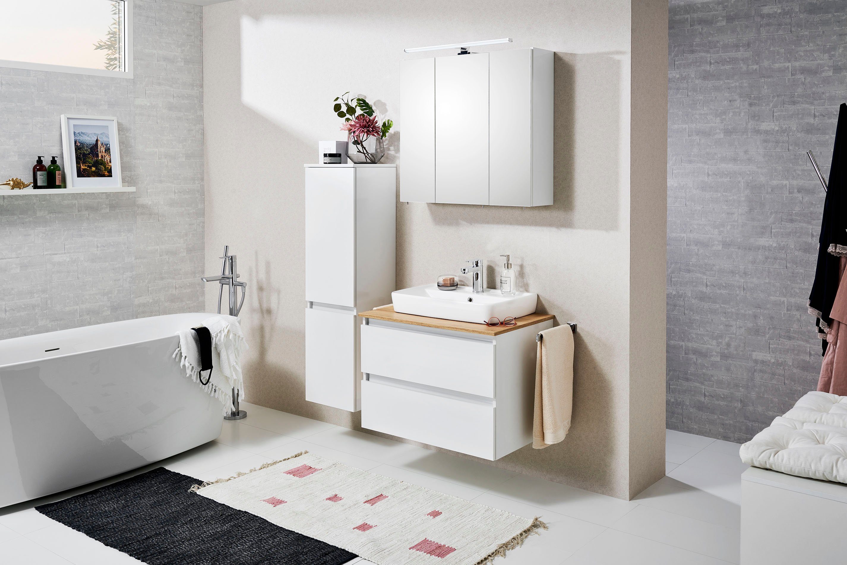Saphir Waschtisch Quickset 360 Waschplatz mit Keramik-Aufsatzbecken, wandhängend, Waschtischplatte, 78 cm breit, Weiß Glanz, 2 Schubladen – Bild 5 von 5