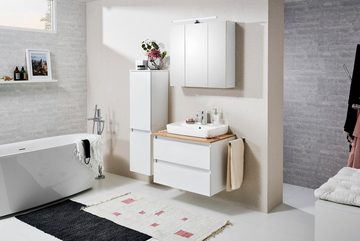 Saphir Waschtisch Quickset 360 Waschplatz mit Keramik-Aufsatzbecken, wandhängend, Waschtischplatte, 78 cm breit, Weiß Glanz, 2 Schubladen