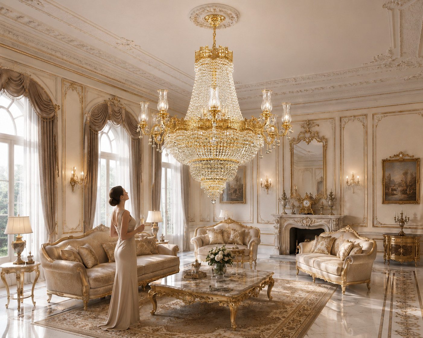 JVmoebel Kronleuchter Imperial Kristall Kronleuchter Versailles Gold 8-flammig Sofort, E14 Kerzenlampen, Neutralweiß, Kaltweiß, Warmweiß, Luxuriöses Kristalldesign, Goldfarbene Metallverarbeitung