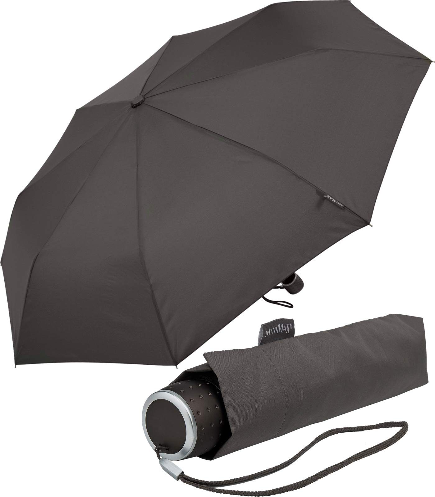 Impliva Taschenregenschirm ECO miniMAX® leicht Öko Regenschirm Handöffner, Stoff besteht aus recyceltem PET grau