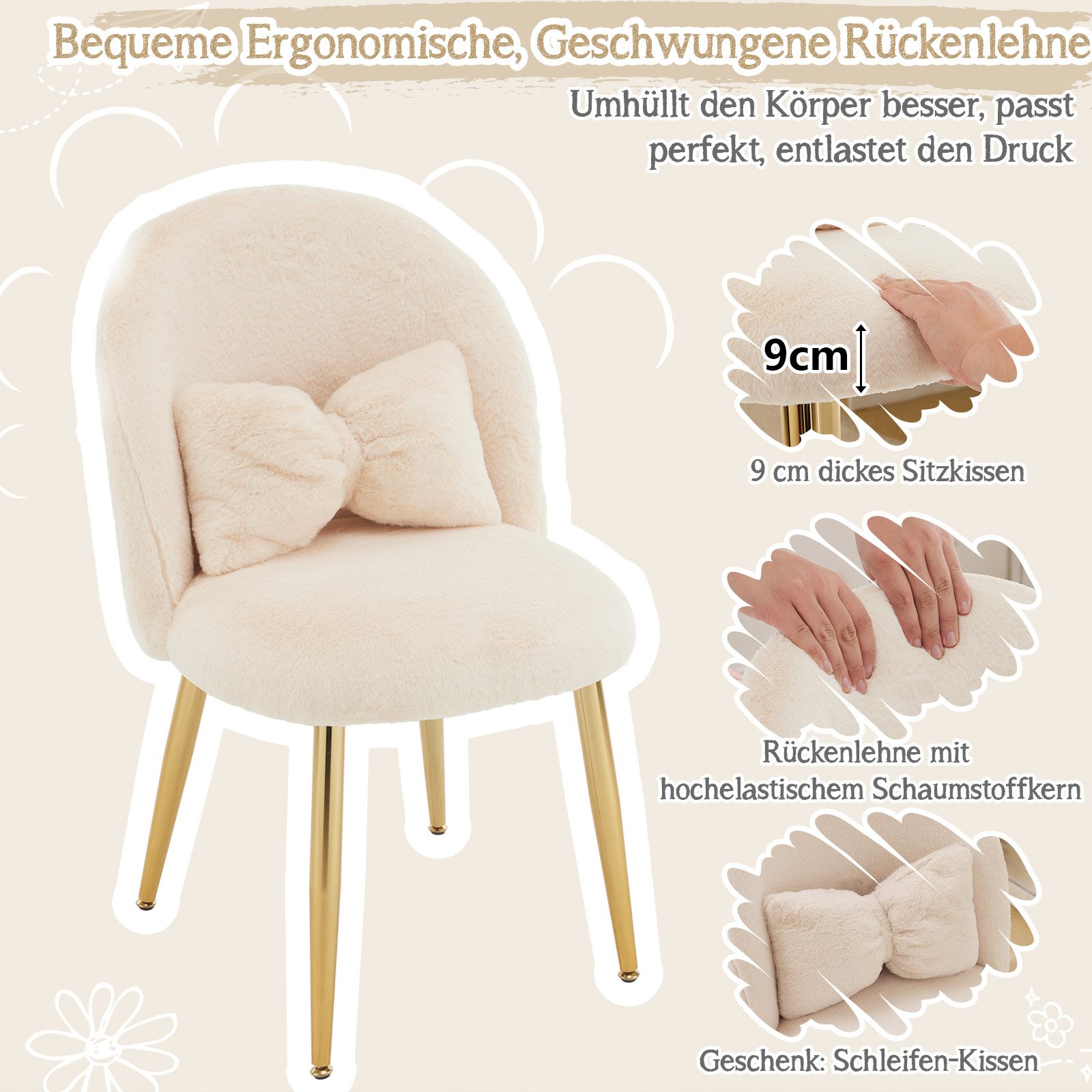 VINGLI Polsterstuhl mit Schleife Zierkissen, Schminktisch Stuhl, Monderne Esszimmerstuhl, Teddy-Stoff/Plüsch, bis 136 kg belastbar, Kinderzimmer Schlafzimmer – Bild 4 von 5
