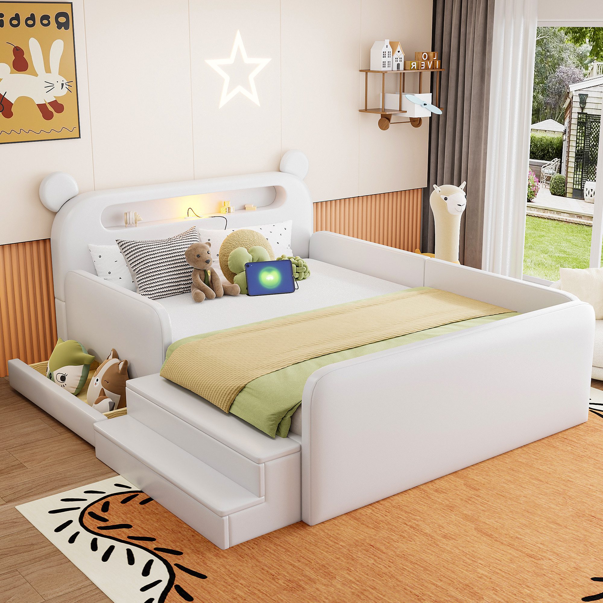 Flieks Polsterbett, Kinderbett 140x200cm mit Bären-Kopfteil Nachtlicht USB-Laden Schublade