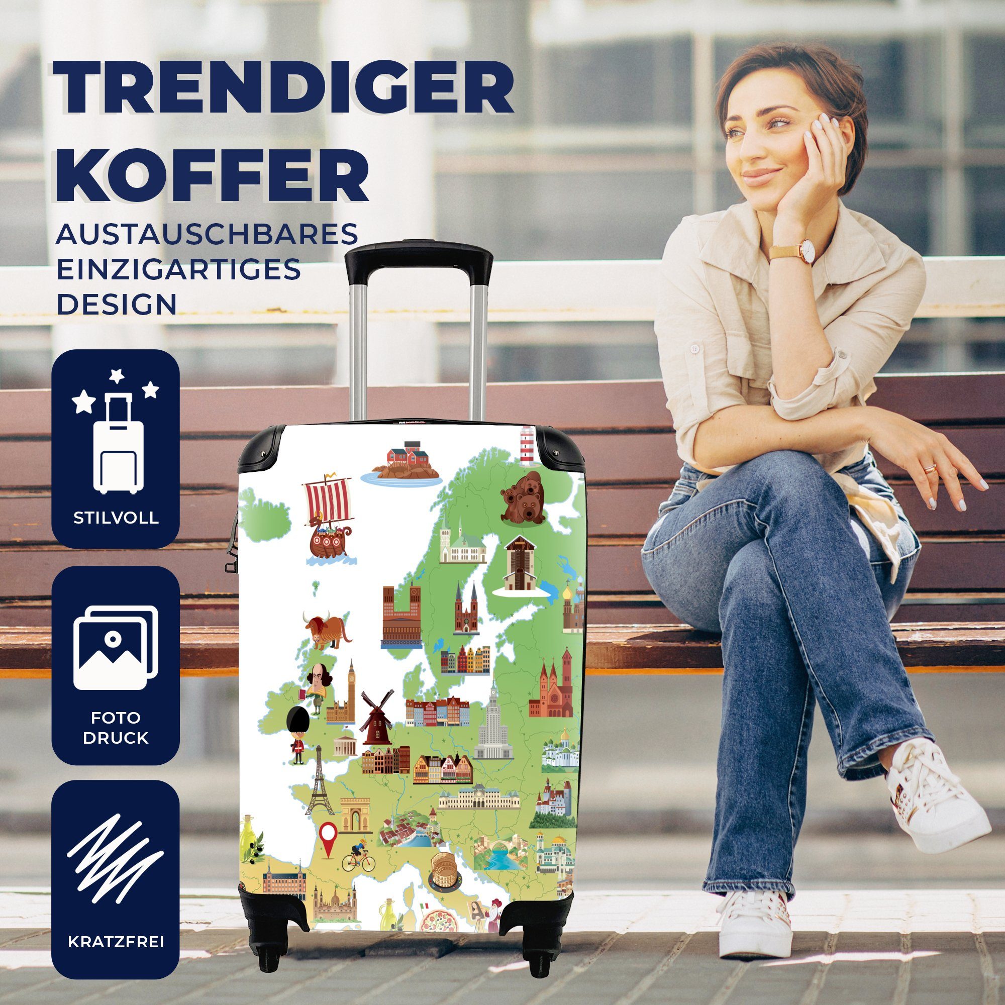 Handgepäckkoffer Trolley, Ferien, mit Sehenswürdigkeiten, 4 mit rollen, Rollen, von Illustration Europa Handgepäck Reisetasche für MuchoWow Reisekoffer