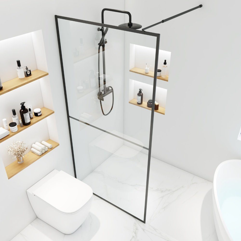 HOME DELUXE Duschwand Duschabtrennung BAKI Schwarz 2 Raster, Einscheibensicherheitsglas