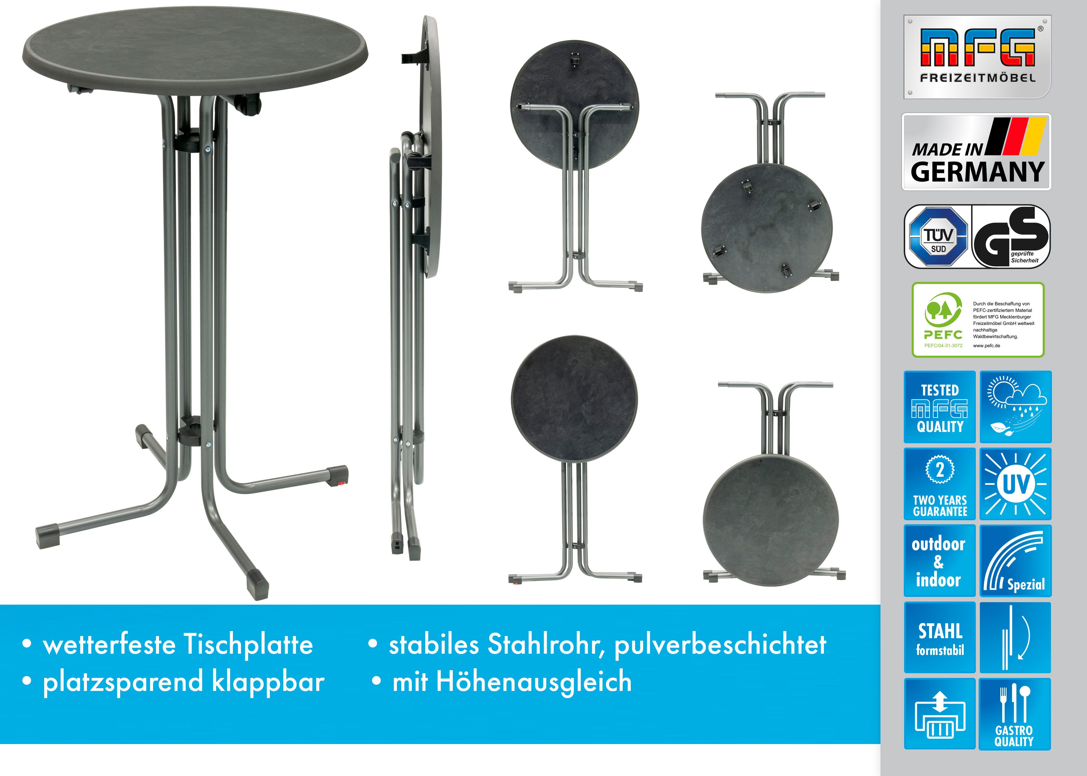 MFG Freizeitmöbel Stehtisch MFG Stehtisch d=70 cm, anthrazit/schiefer, Einfacher Klappmechanismus